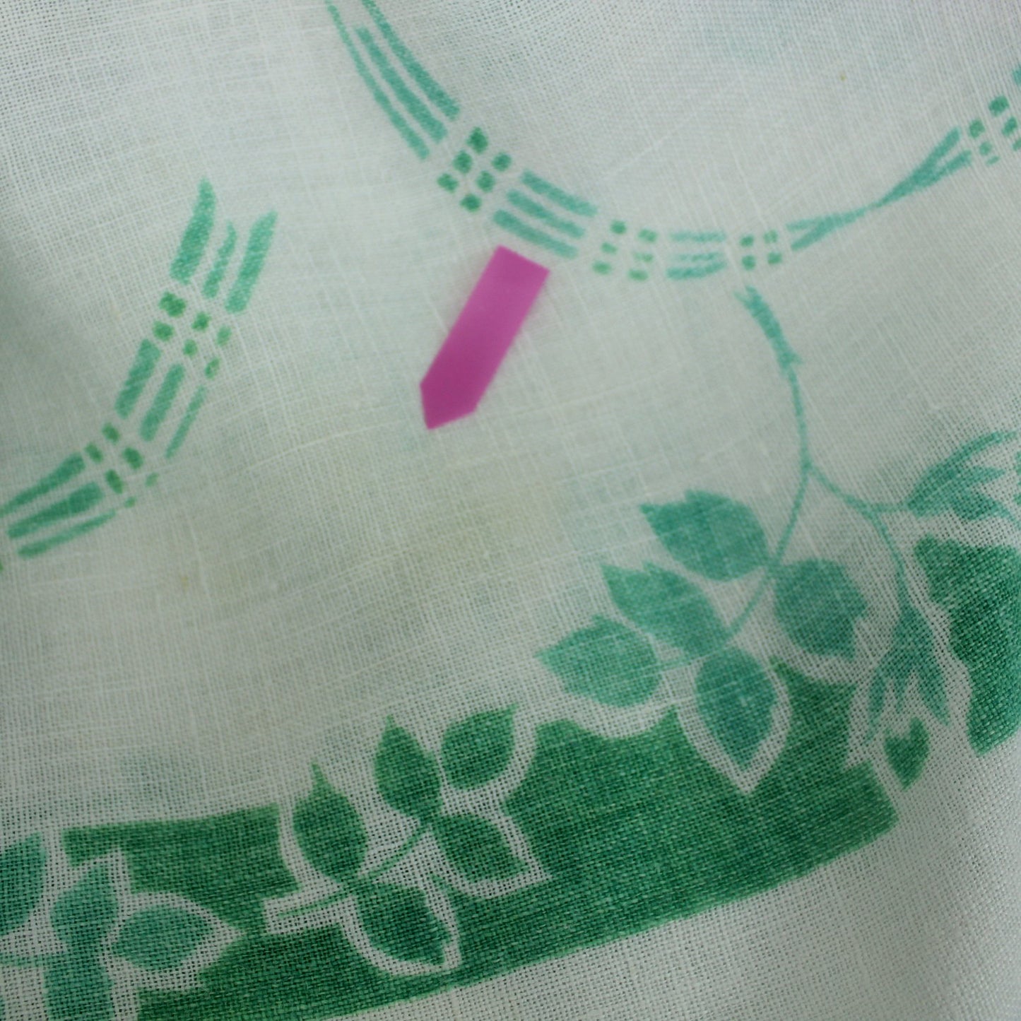 MCM Tablecloth 1950s Green White Print Linen example old subtle stain evidence