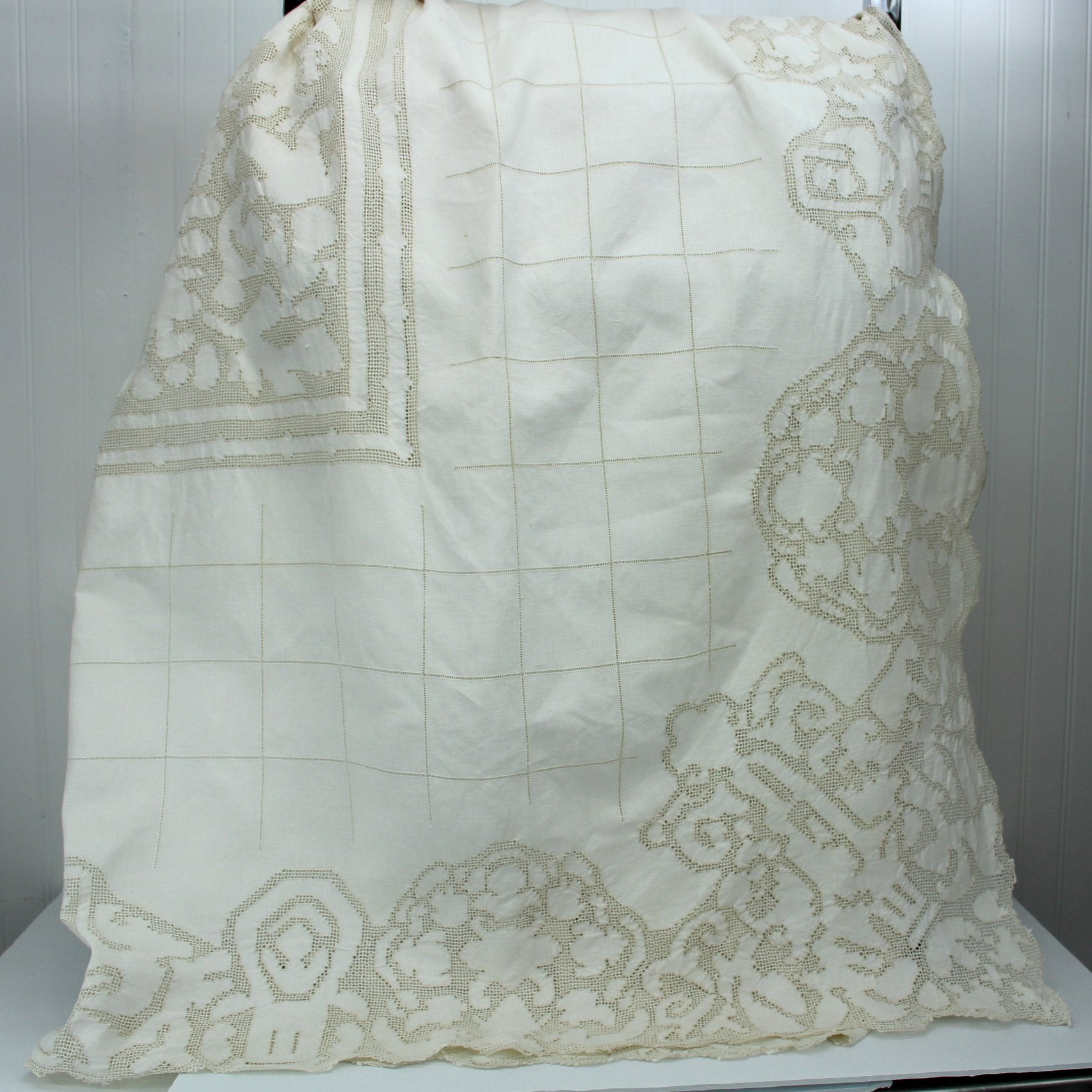 Elegant Natural Linen Large Tablecloth 98" X 66" All Over Open Work Net Design Pattern
