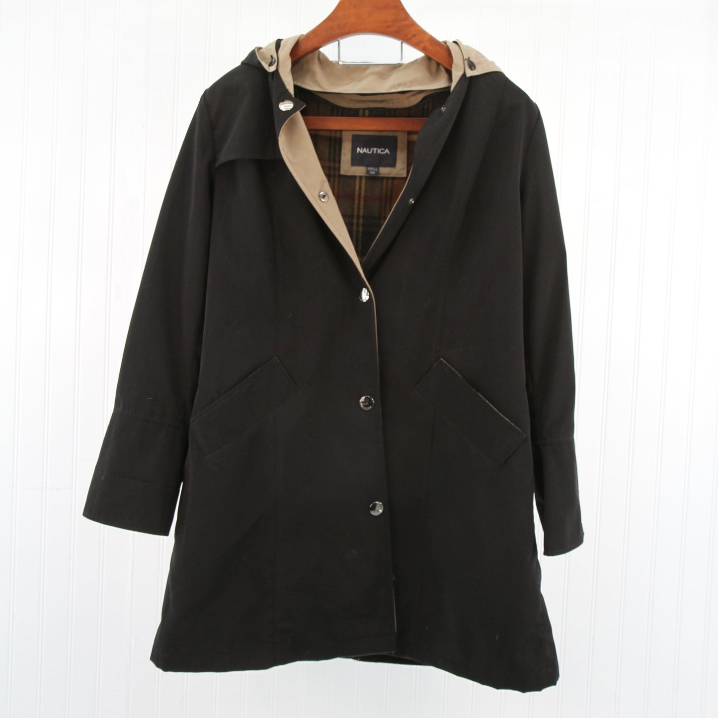 Nautica Womens Jacket Black & Tan Zippered Lining Removable Hood XL