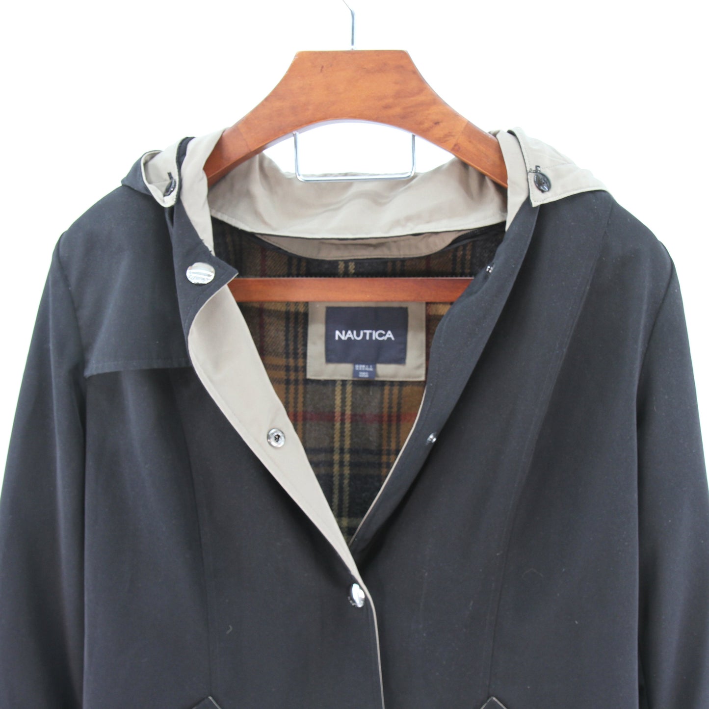 Nautica Womens Jacket Black & Tan Zippered Lining Removable Hood XL