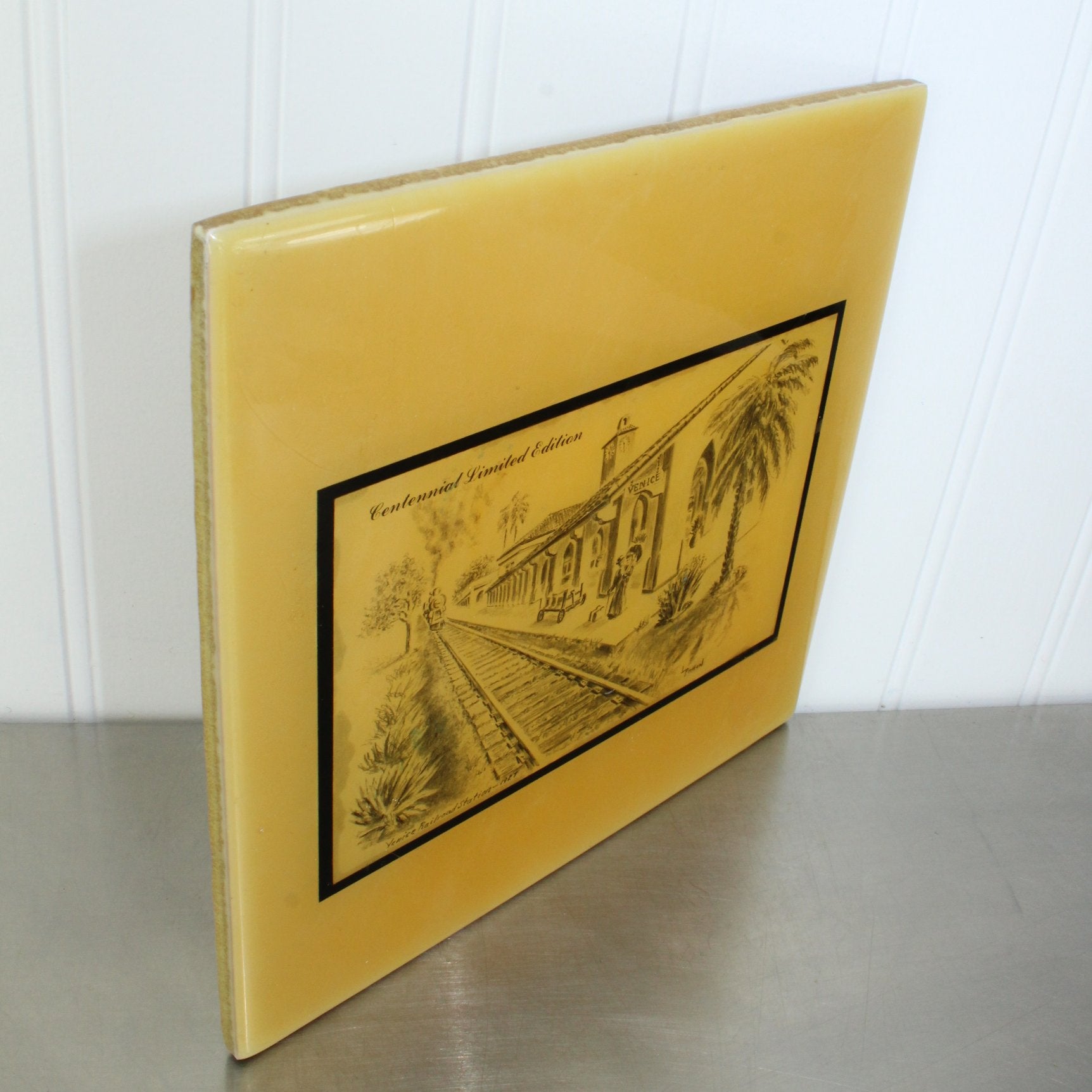 Railroad Station Venice Fl 1927 Glazed Tile Ltd Edition 8" side view showing thickness