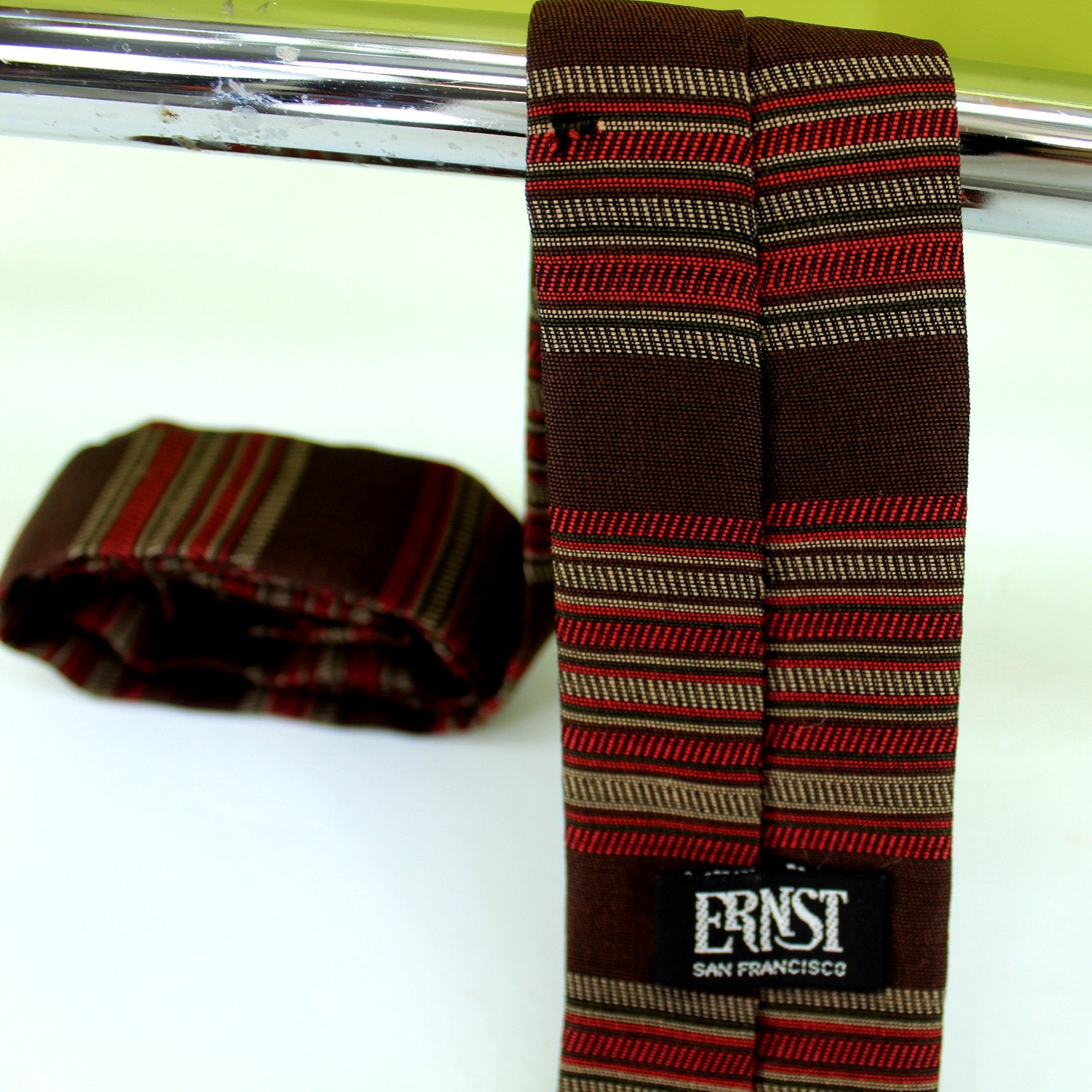 Ernst San Fran Skinny Necktie Square End Brown Deep Red 53" X 2" 1950s 60s reverse showing thread break
