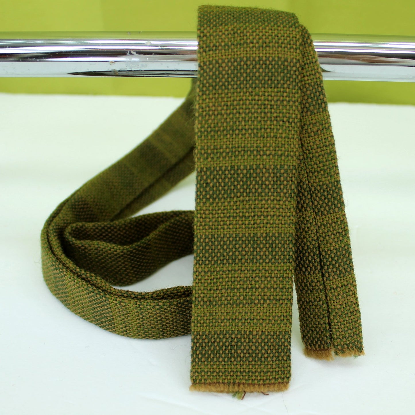 Handcrest Skinny Wool Necktie Hand Woven Square End Brown Green 53" X 1 5/8" MCM whole view