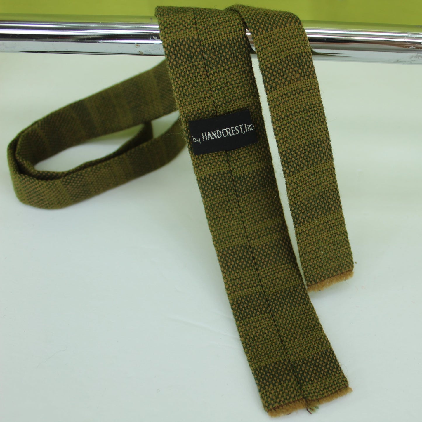 Handcrest Skinny Wool Necktie Hand Woven Square End Brown Green 53" X 1 5/8" MCM reverse of tie