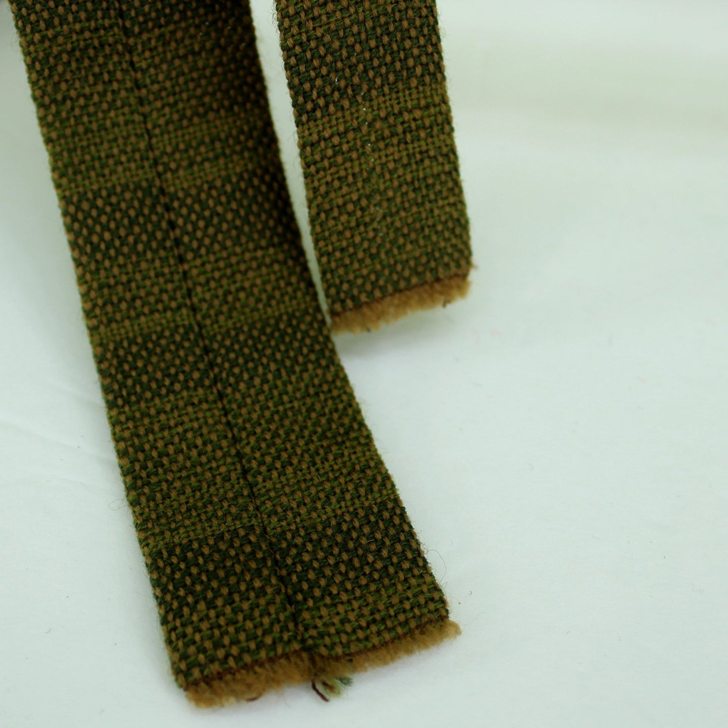 Handcrest Skinny Wool Necktie Hand Woven Square End Brown Green 53" X 1 5/8" MCM back view 