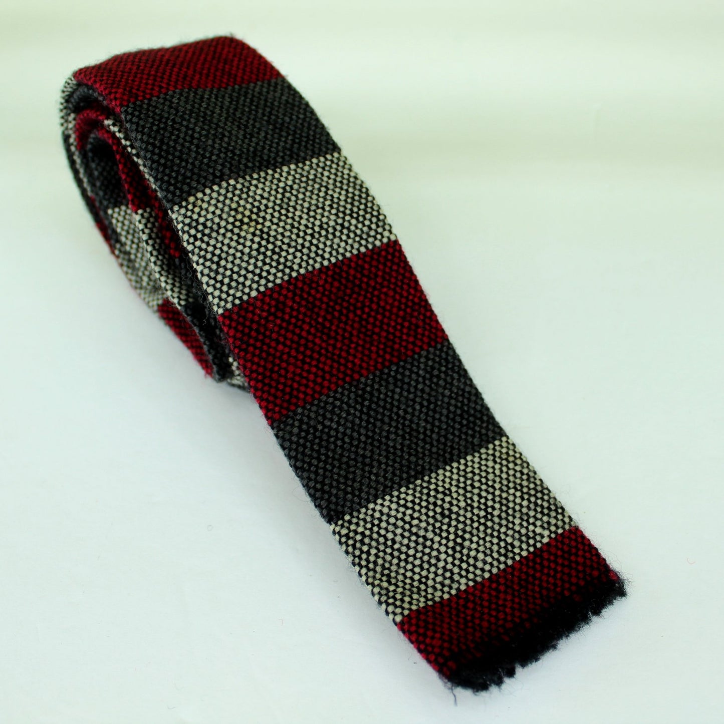 Churchill Weavers Skinny Wool Necktie Hand Woven Square End Red Black Grey 52" X 2" MCM roll photo