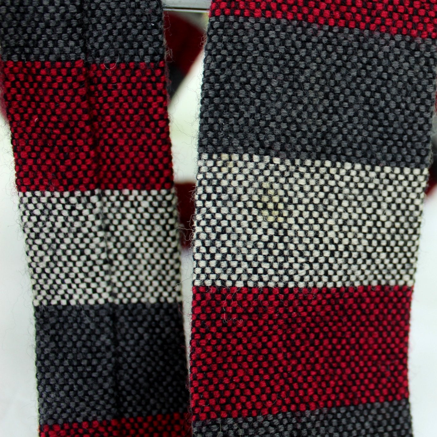 Churchill Weavers Skinny Wool Necktie Hand Woven Square End Red Black Grey 52" X 2" MCM closeup spot
