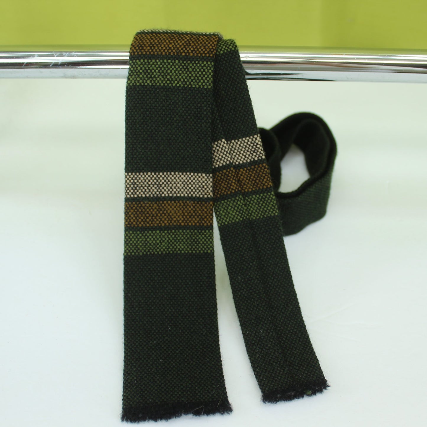Churchill Weavers Skinny Wool Necktie Hand Woven Square End Greens Tan 52" X 2" MCM closeup weave