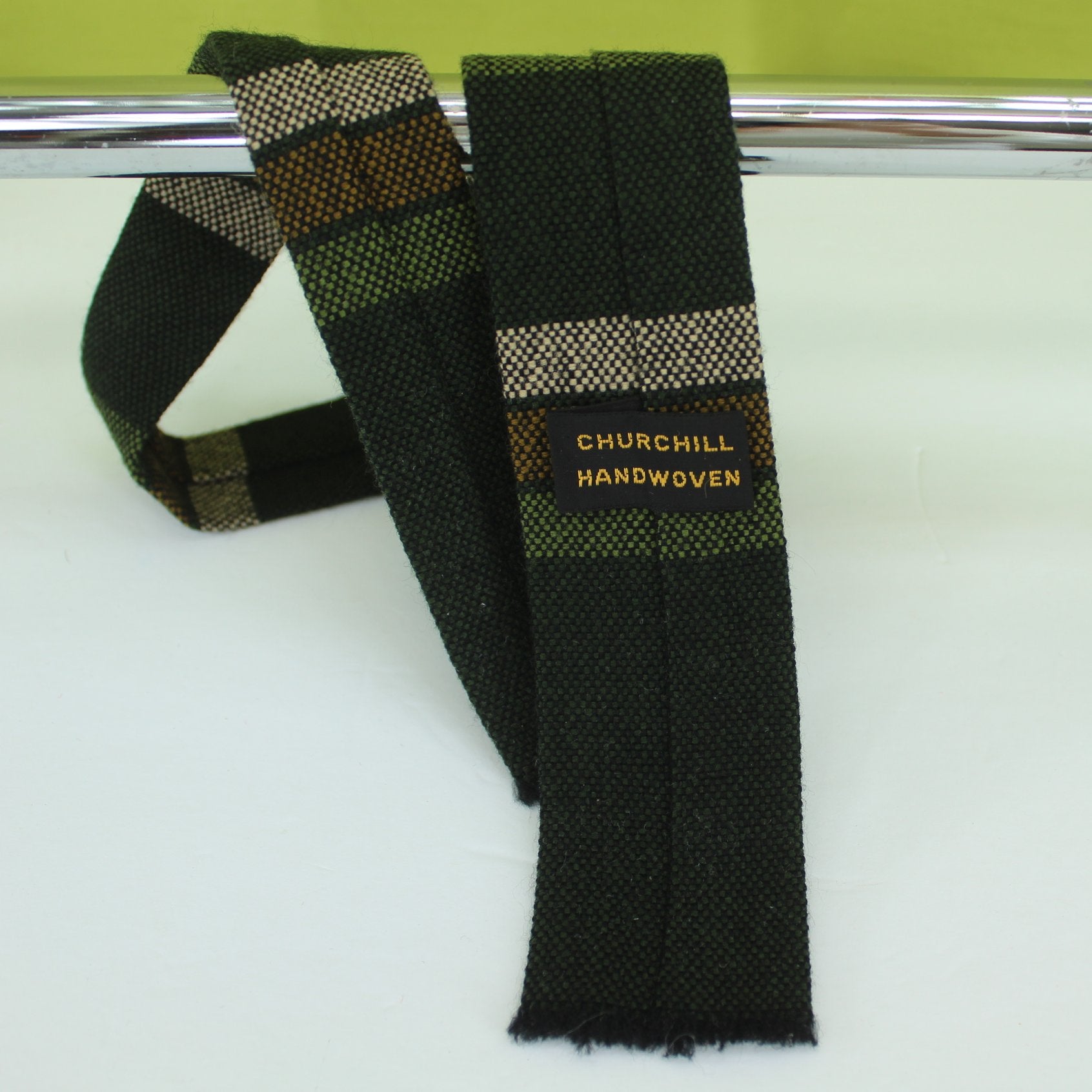 Churchill Weavers Skinny Wool Necktie Hand Woven Square End Greens Tan 52" X 2" MCM