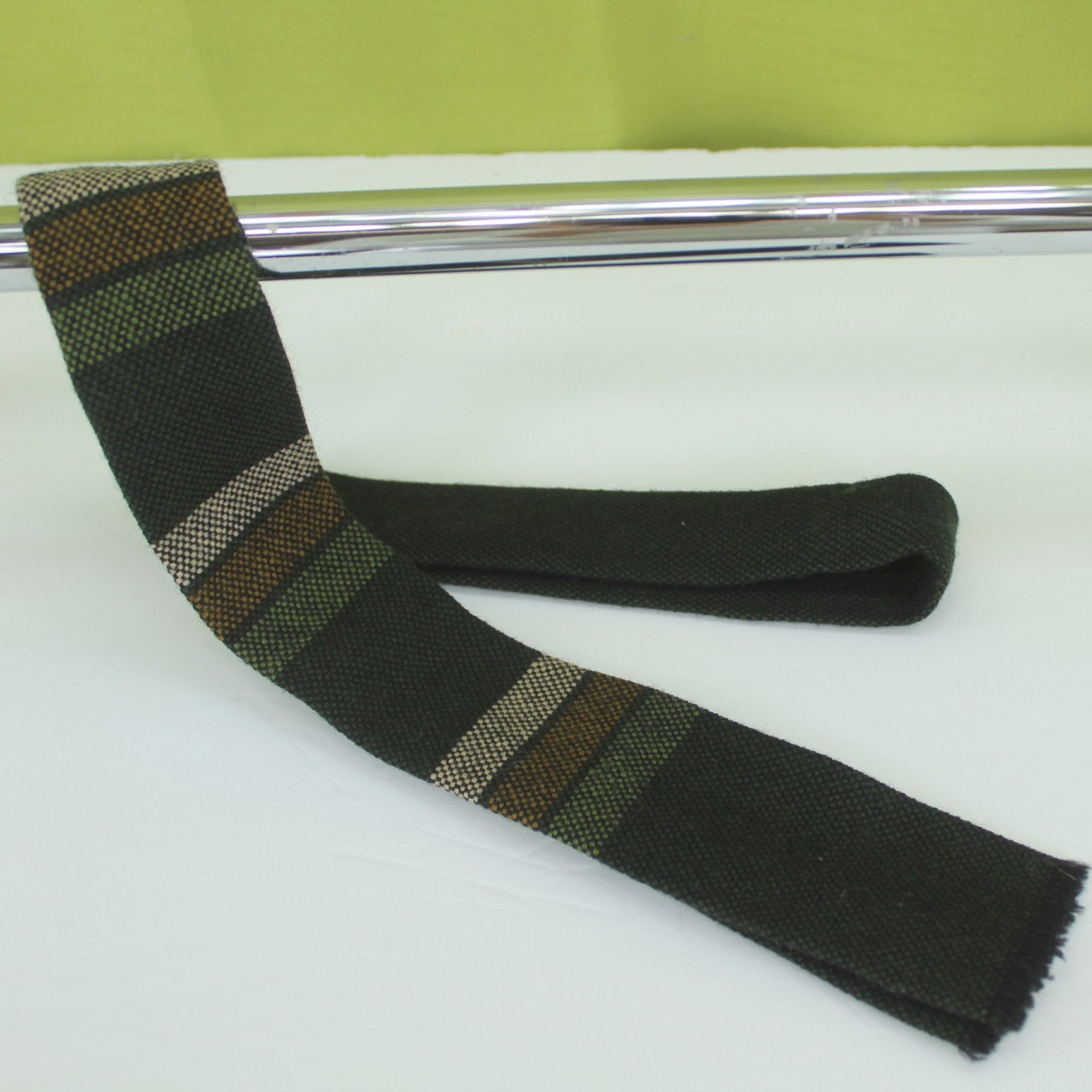 Churchill Weavers Skinny Wool Necktie Hand Woven Square End Greens Tan 52" X 2" MCM long view