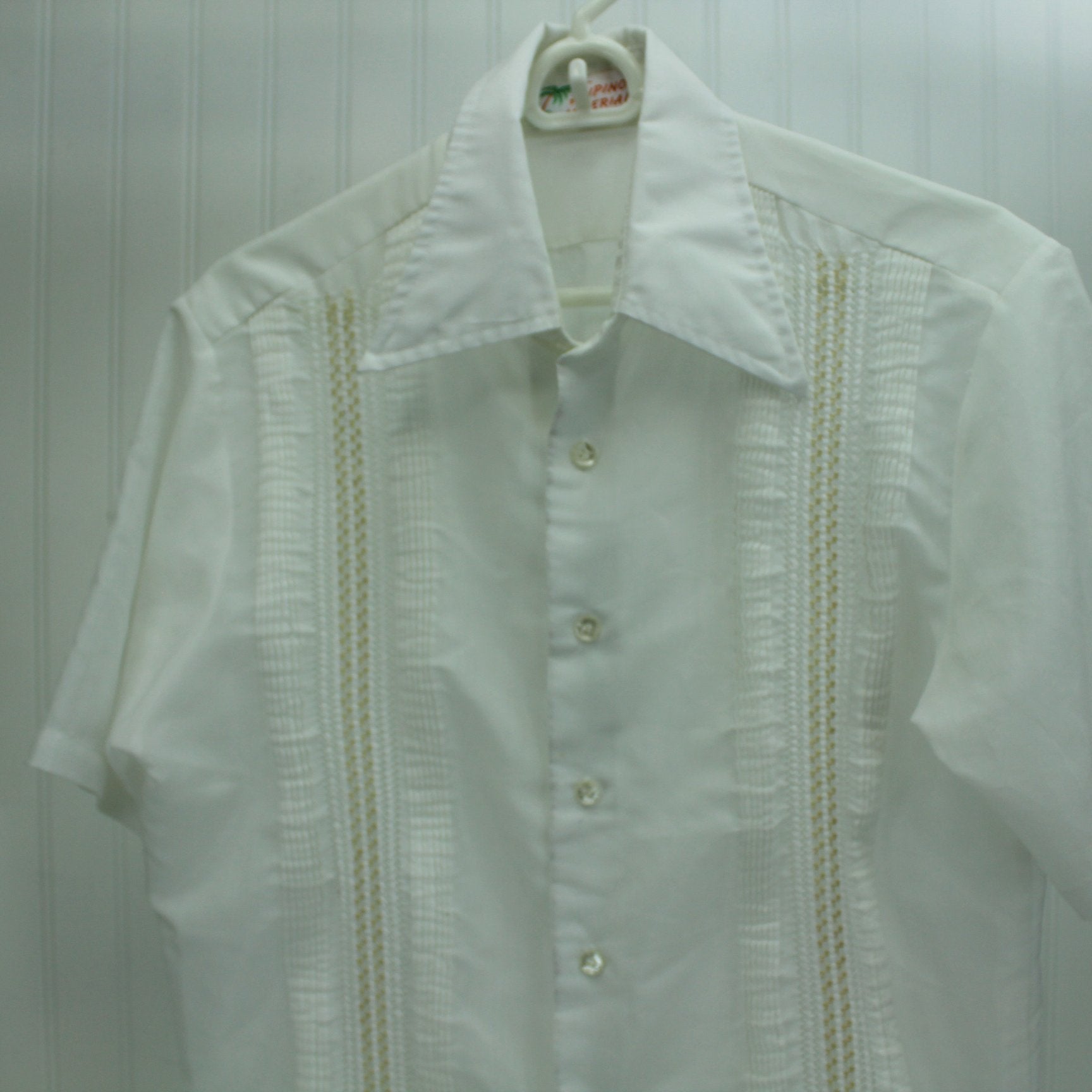 Collectible Mid Century Filipino Imperial Shirt Embroidered Lower Front Pockets  "M" front closeup