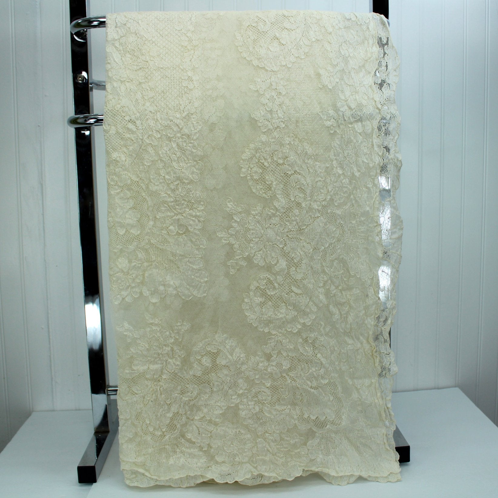 Alencon Cream Lace Tablecloth France Made for Marshall Field Exquisite length folded view