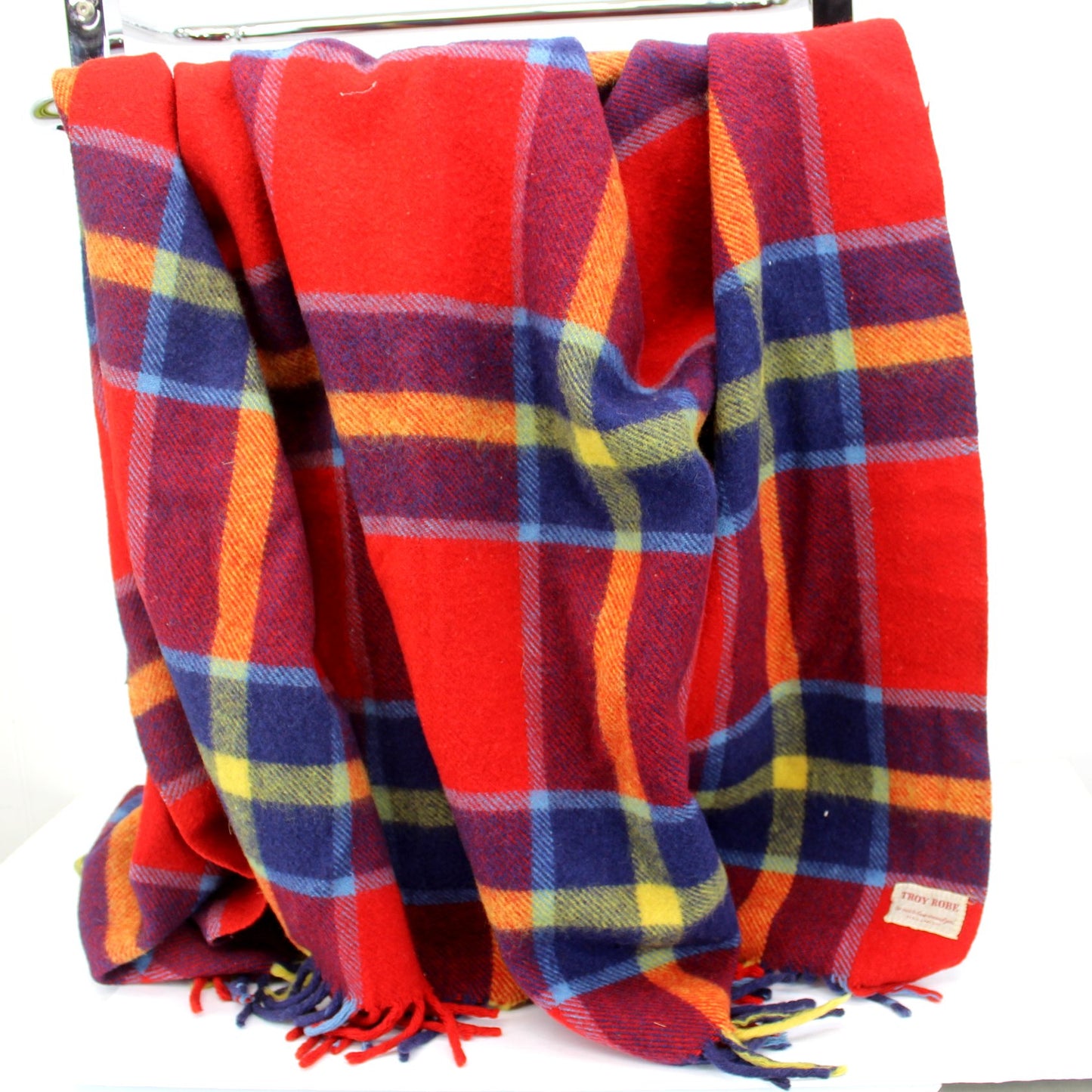 Vintage Troy Robe USA Wool Throw  Older Ribbon Label Classic Red Plaid Special