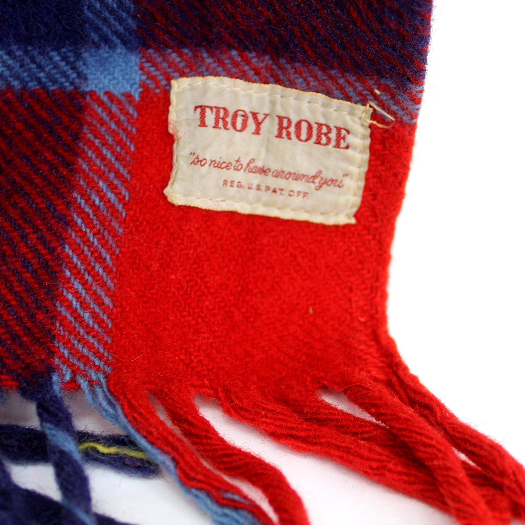 Vintage Troy Robe USA Wool Throw  Older Ribbon Label Classic Red Plaid Special orig ribbon label troy