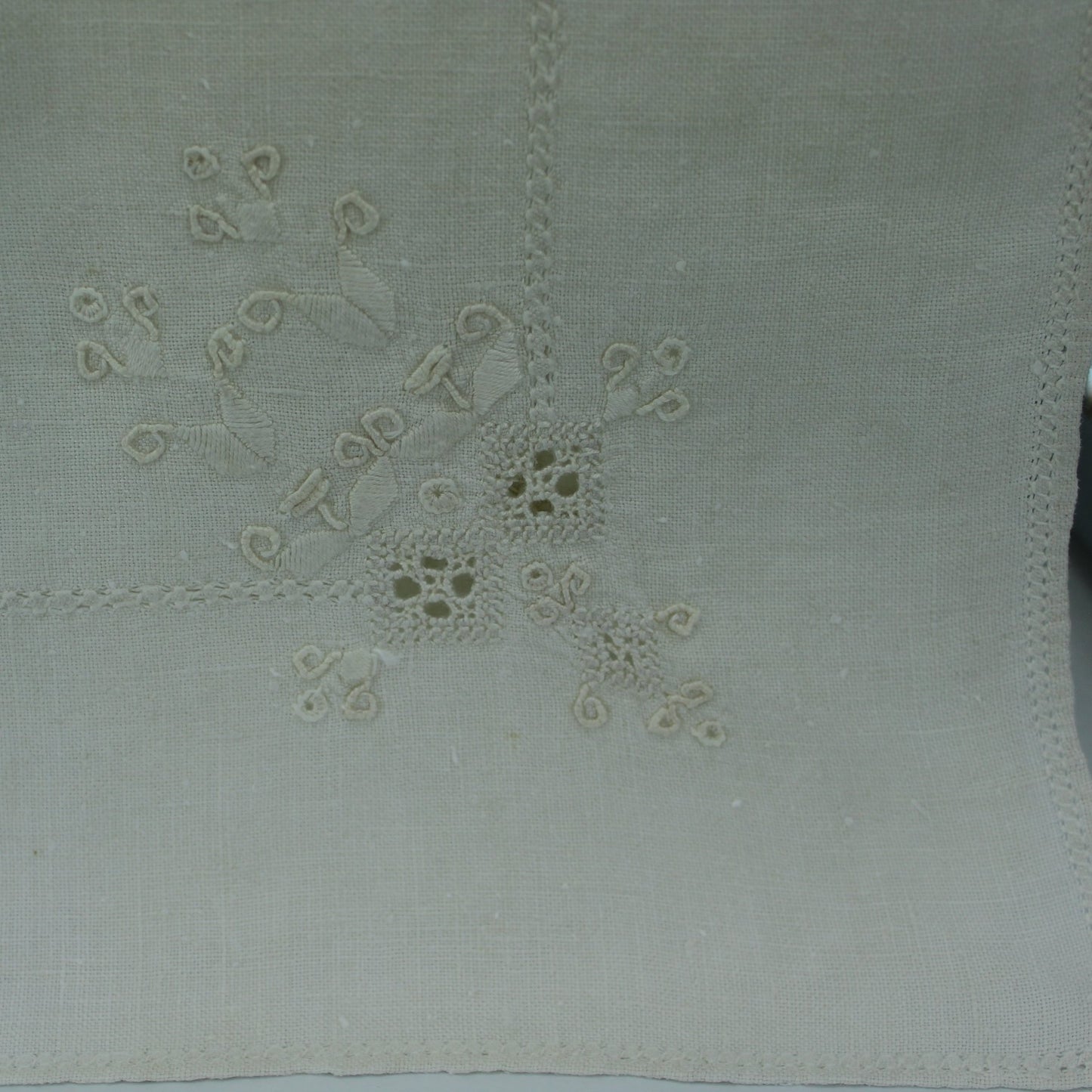 Small Vintage Tablecloth Bone Natural Linen Exquisite Embroidery Estate Use DIY Repurpose
