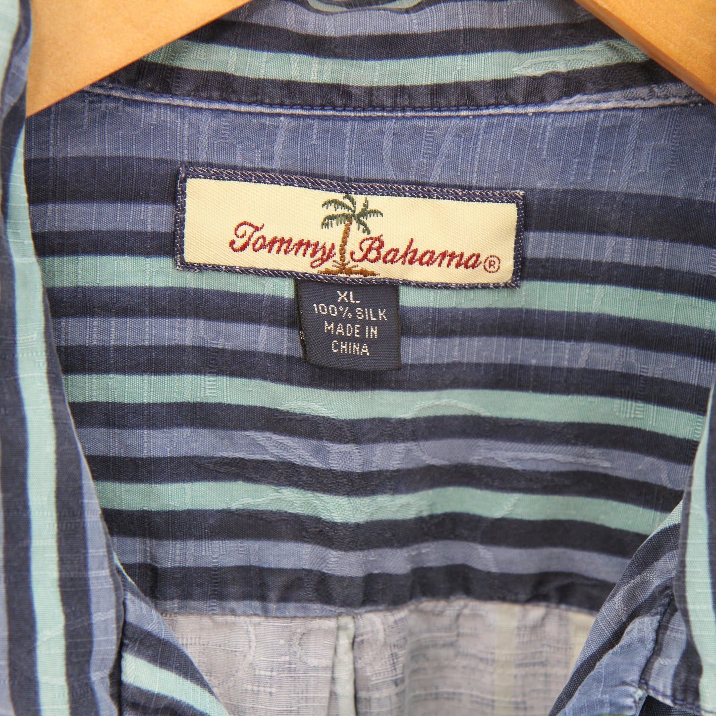 Tommy Bahama Blue Green Striped Hawaiian Shirt front tag