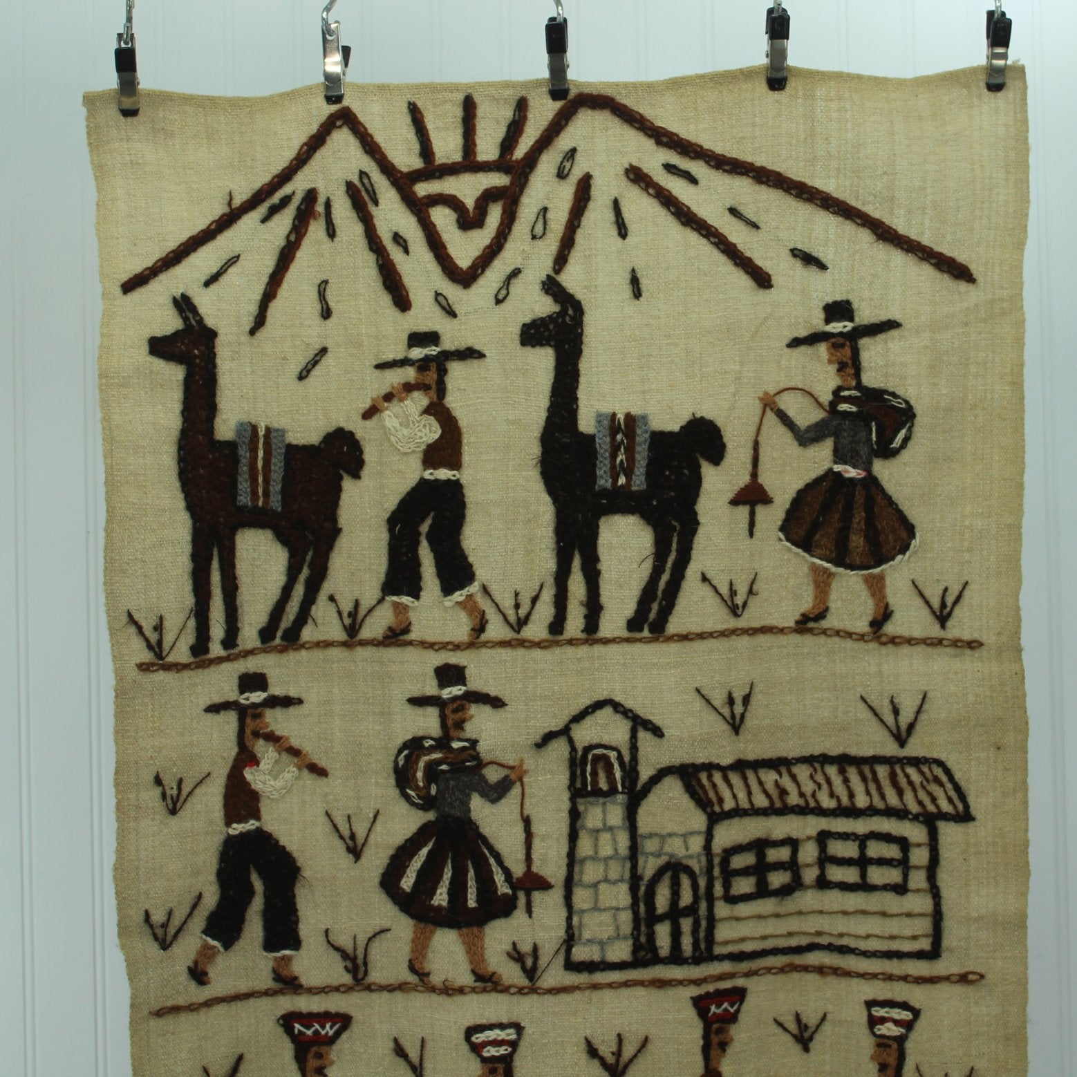 Peruvian Story Tapestry Hand Embroidered Wall Hanging Llamas Dancers Fisherman half of wall decor