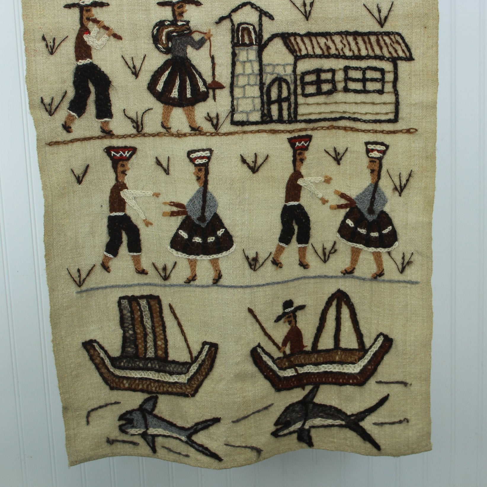 Peruvian Story Tapestry Hand Embroidered Wall Hanging Llamas Dancers Fisherman bottom half of piece