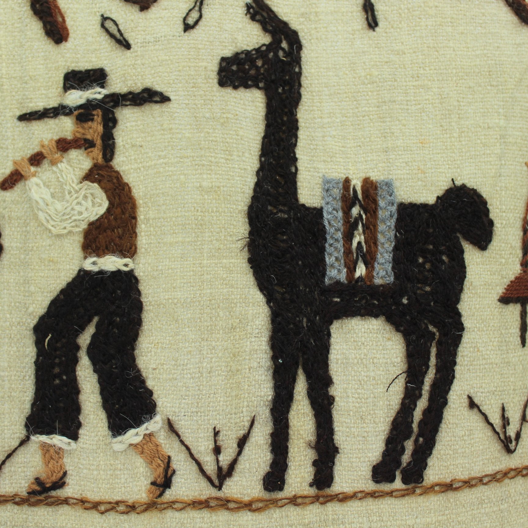 Peruvian Story Tapestry Hand Embroidered Wall Hanging Llamas Dancers Fisherman closeup  of stitching 