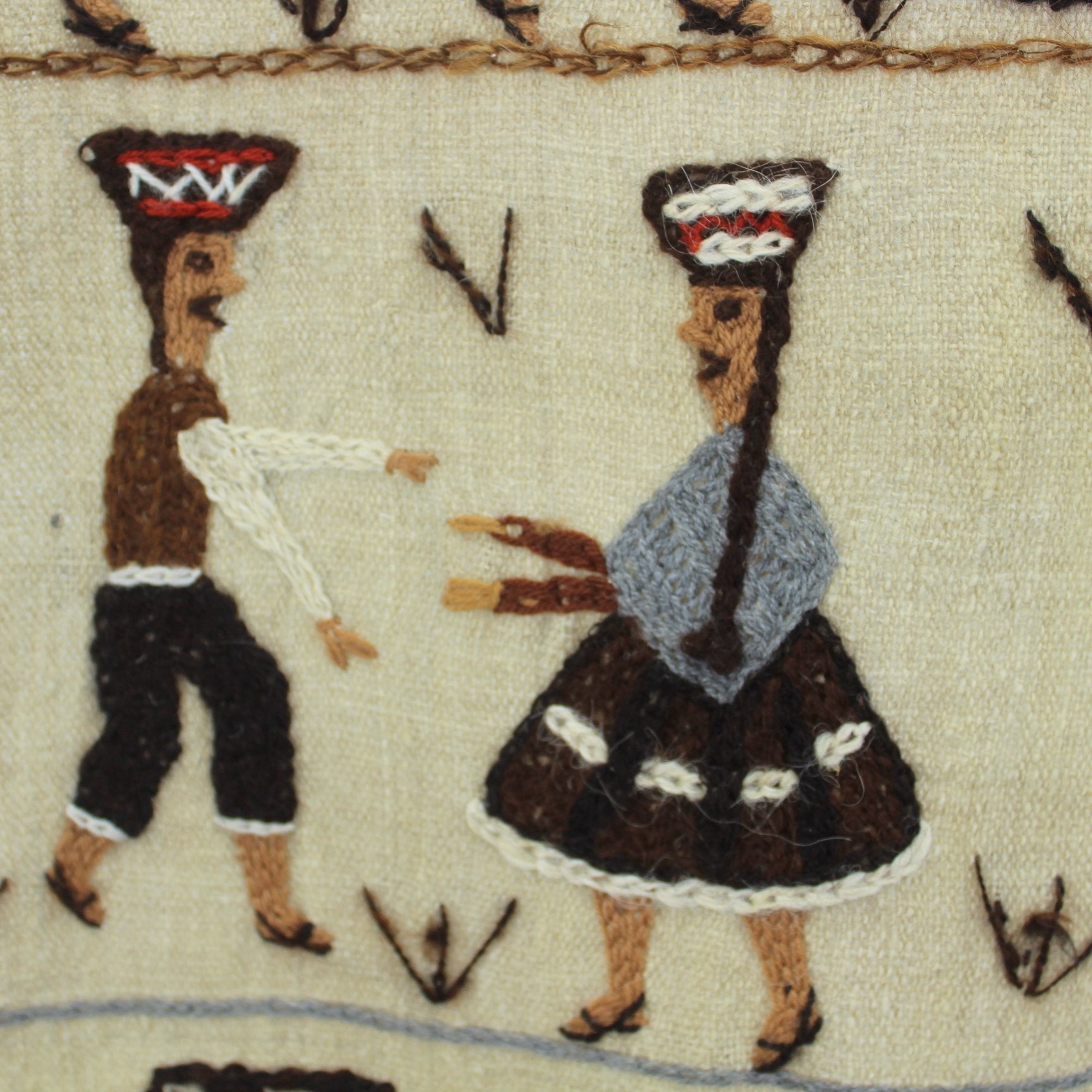 Peruvian Story Tapestry Hand Embroidered Wall Hanging Llamas Dancers Fisherman dancers