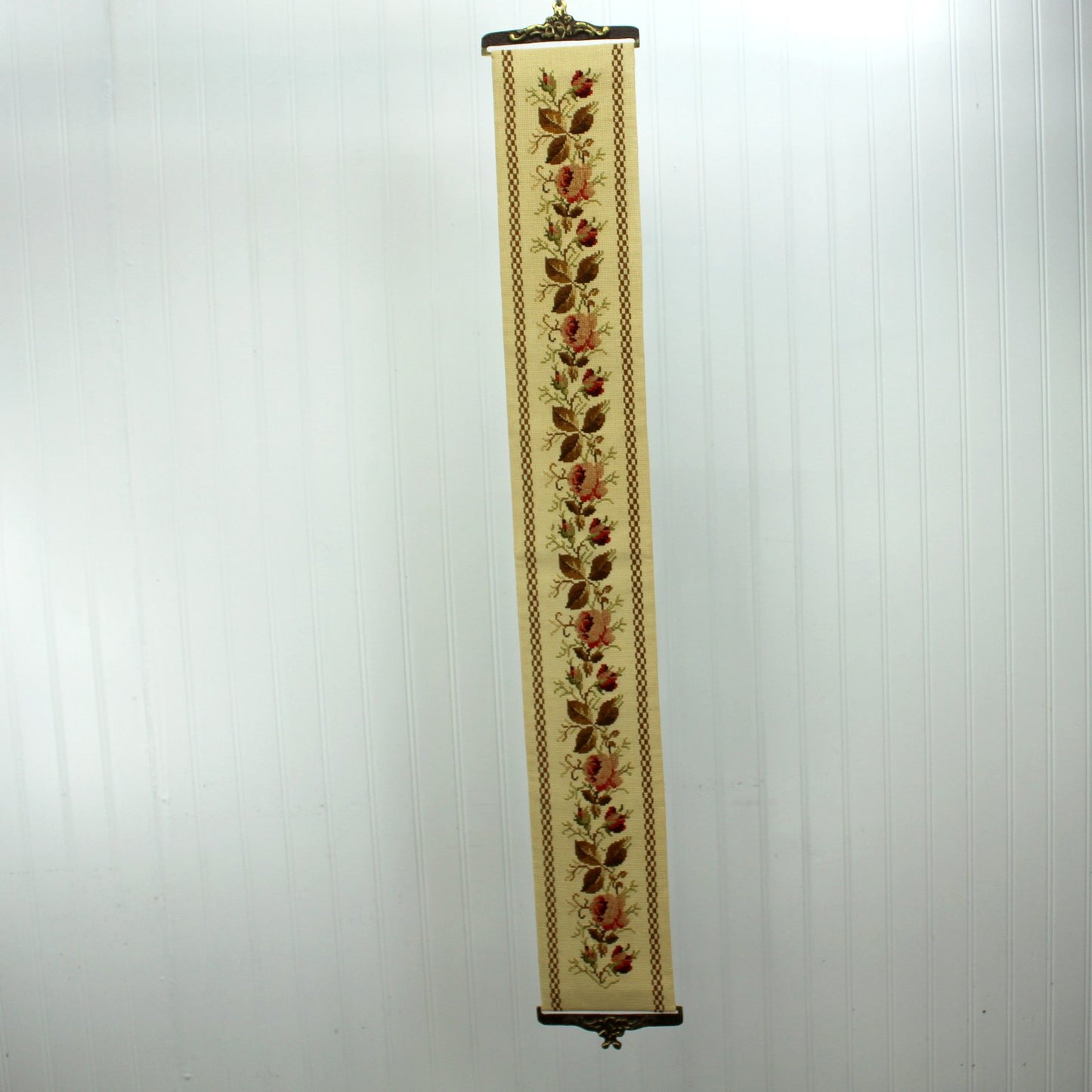 Exquisiely Hand Crafted Bell Pull Cross Stitch Roses Salmon Sienna Brown Moss Brass Hdwe hanging view