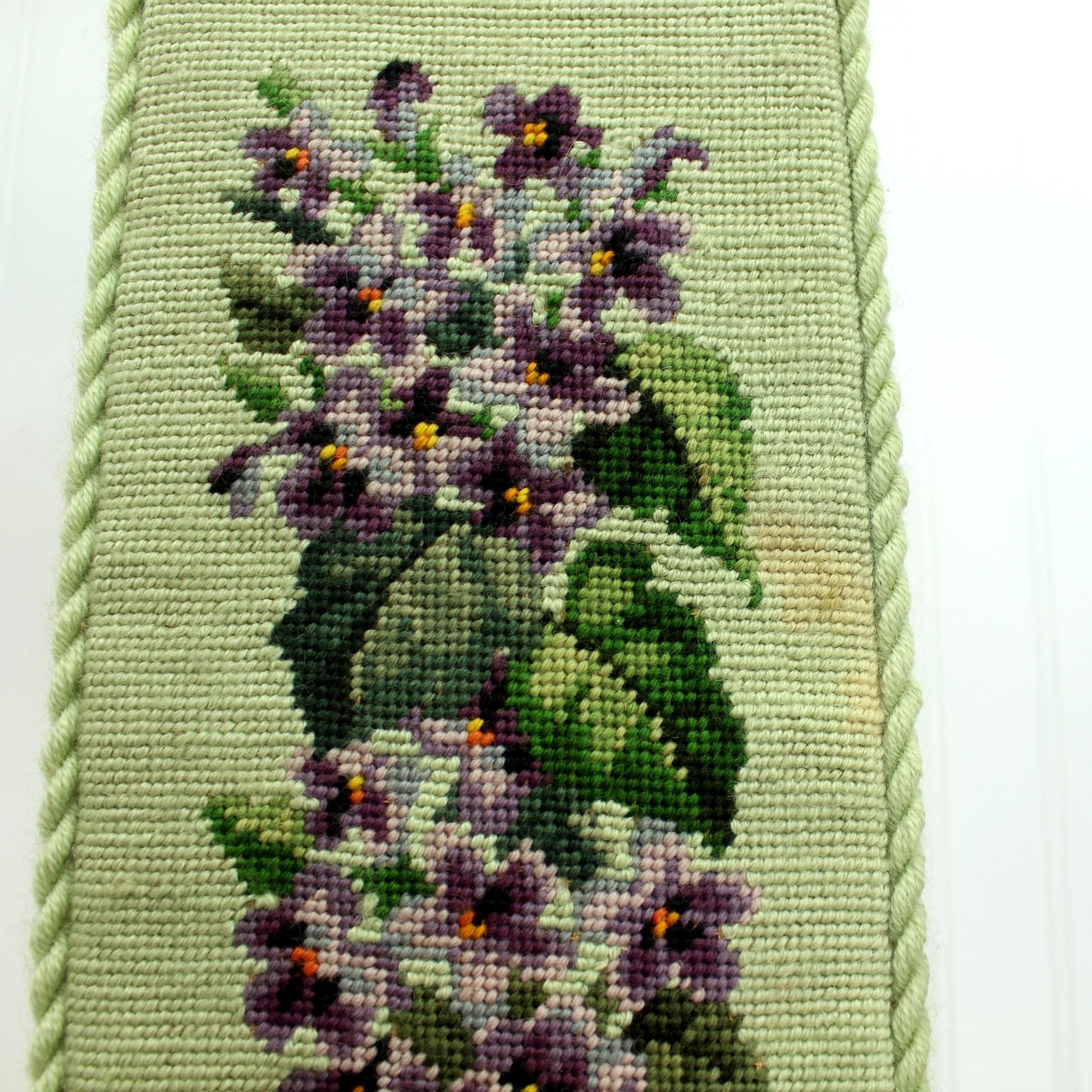 Needlepoint Bell Pull Violets Design Green Background Rope Edge Satin Lining Metal Filigree Ends stain