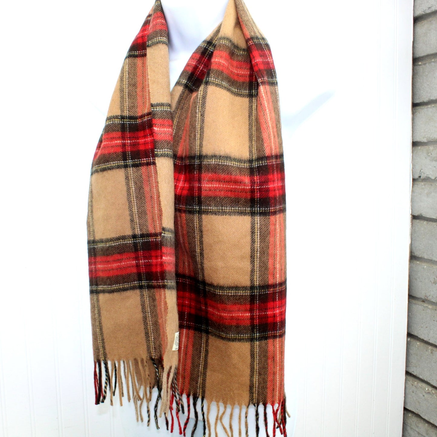 Neck Scarf 100% Cashmere Camel Red Plaid Bloomingdales Peterborough Row Made W Germany long view