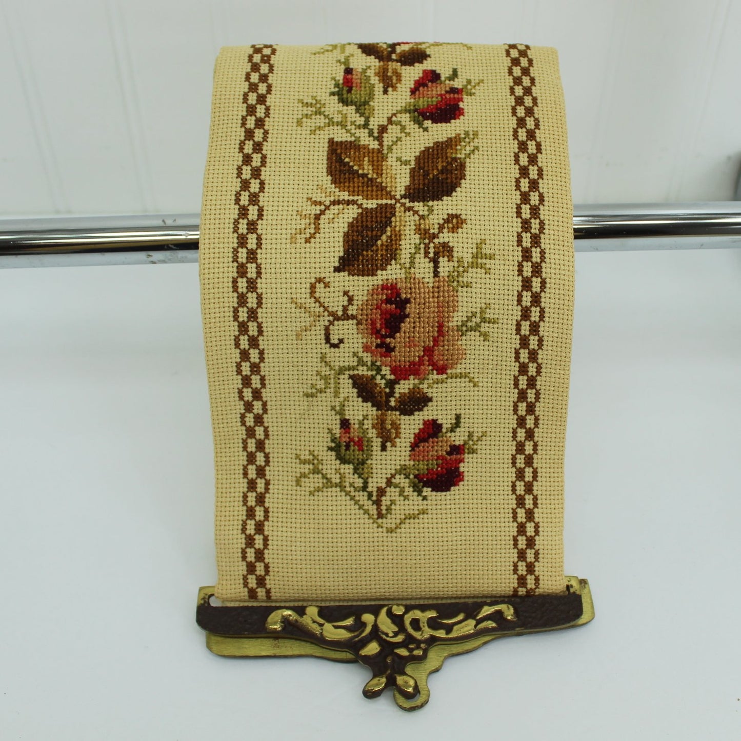 Exquisiely Hand Crafted Bell Pull Cross Stitch Roses Salmon Sienna Brown Moss Brass Hdwe closeup view roses leaves