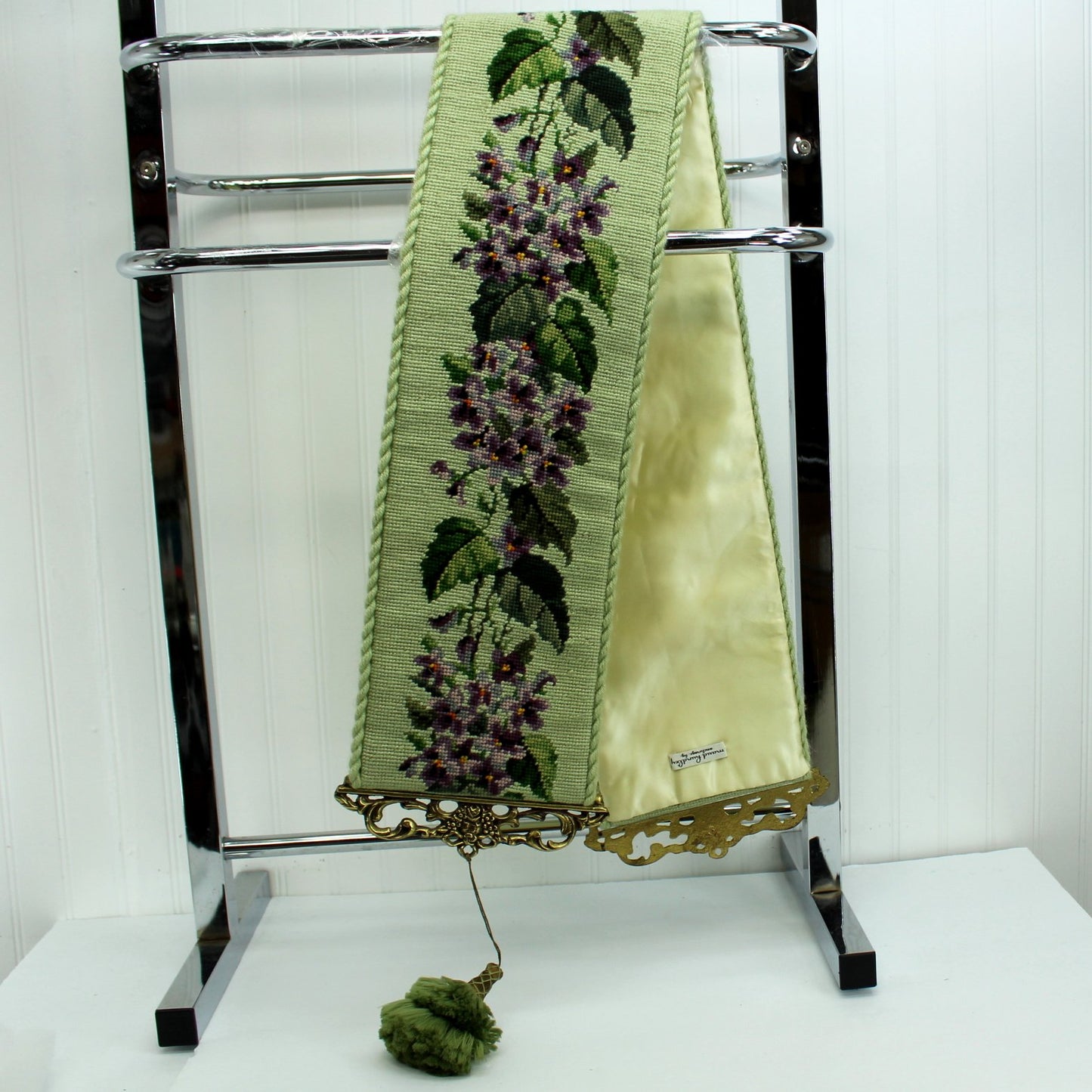 Needlepoint Bell Pull Violets Design Green Background Rope Edge Satin Lining Metal Filigree Ends funn length look