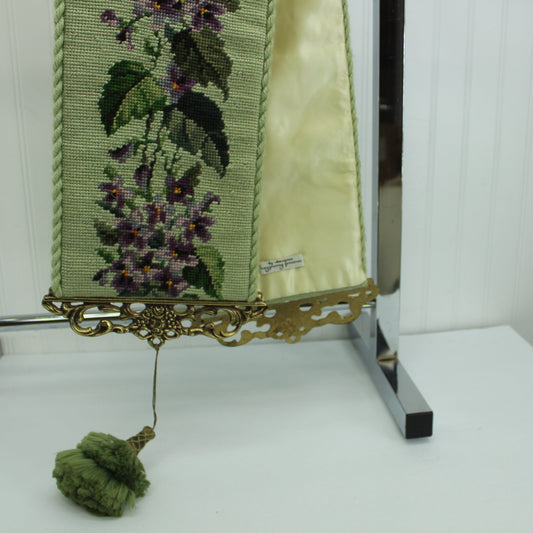 Needlepoint Bell Pull Violets Design Green Background Rope Edge Satin Lining Metal Filigree Ends