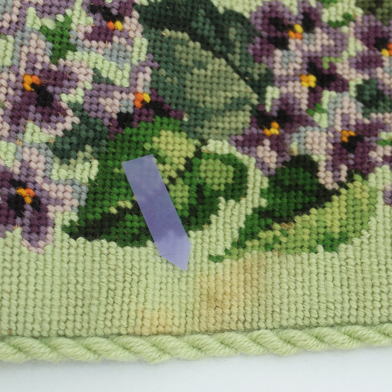 Needlepoint Bell Pull Violets Design Green Background Rope Edge Satin Lining Metal Filigree Ends stain other view