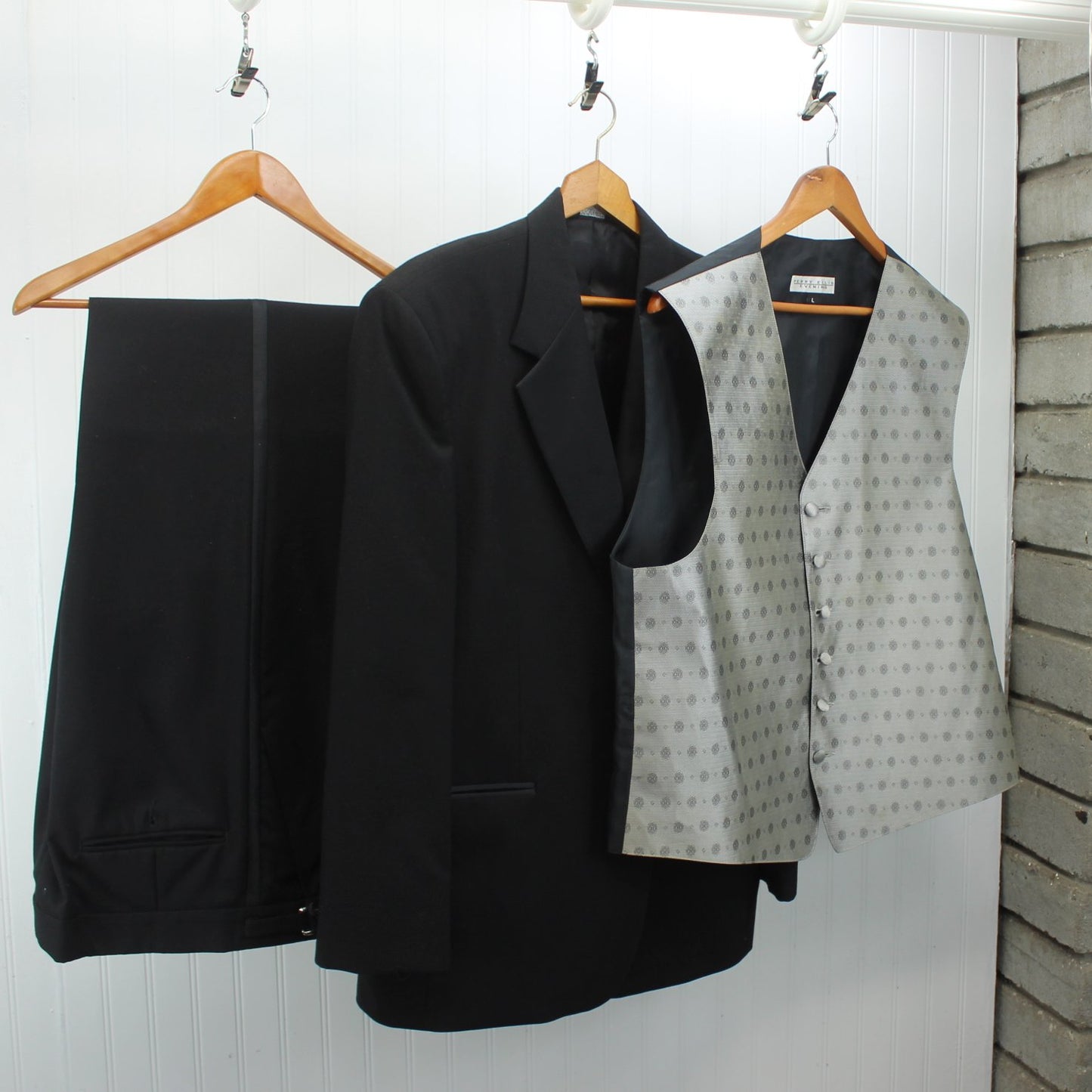 Perry Ellis Evening Suit Formal Men's Black Wool 3 Piece Satin Lapel Trim Print Vest 44R