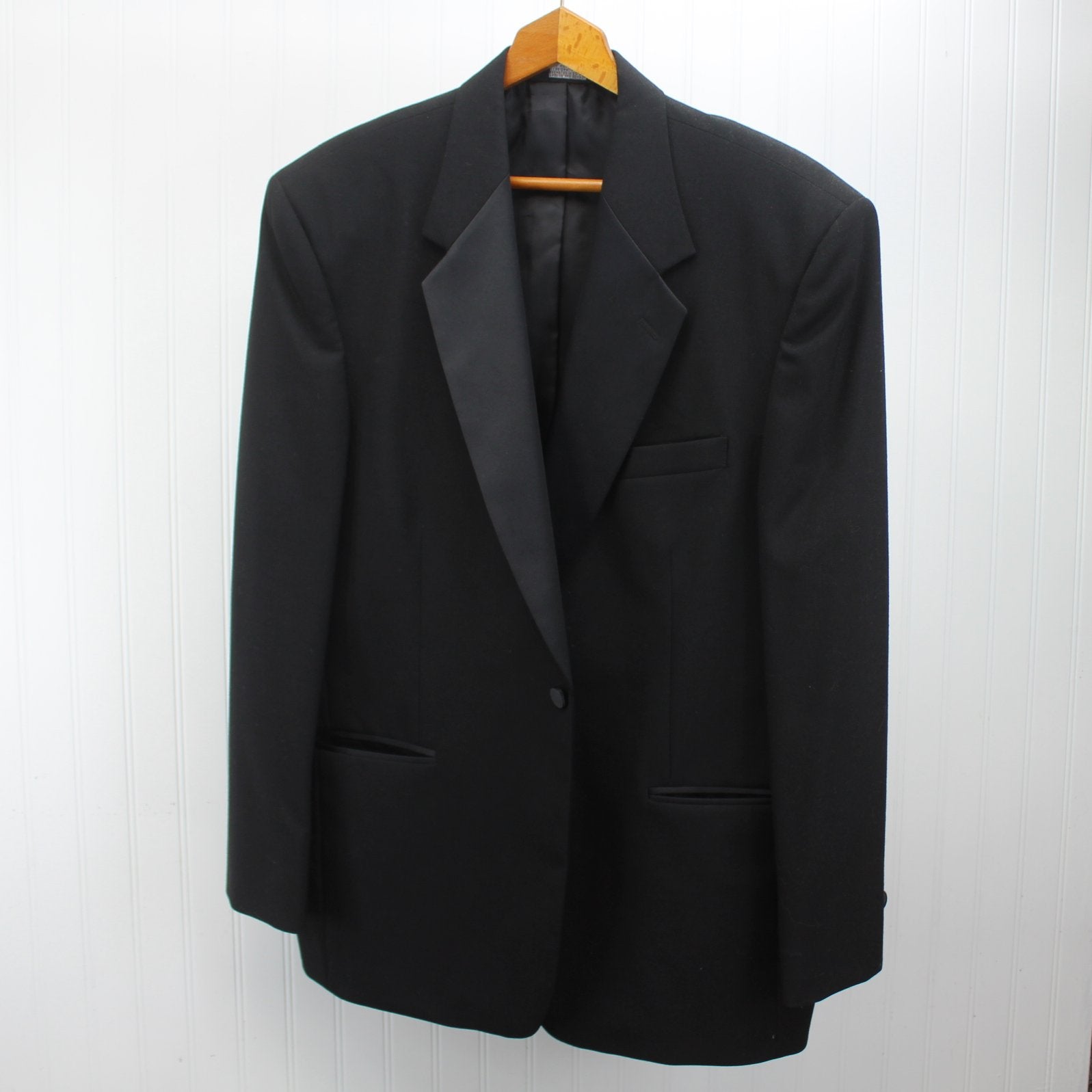 Perry Ellis Evening Suit Formal Men's Black Wool 3 Piece Satin Lapel Trim Print Vest 44R jacket