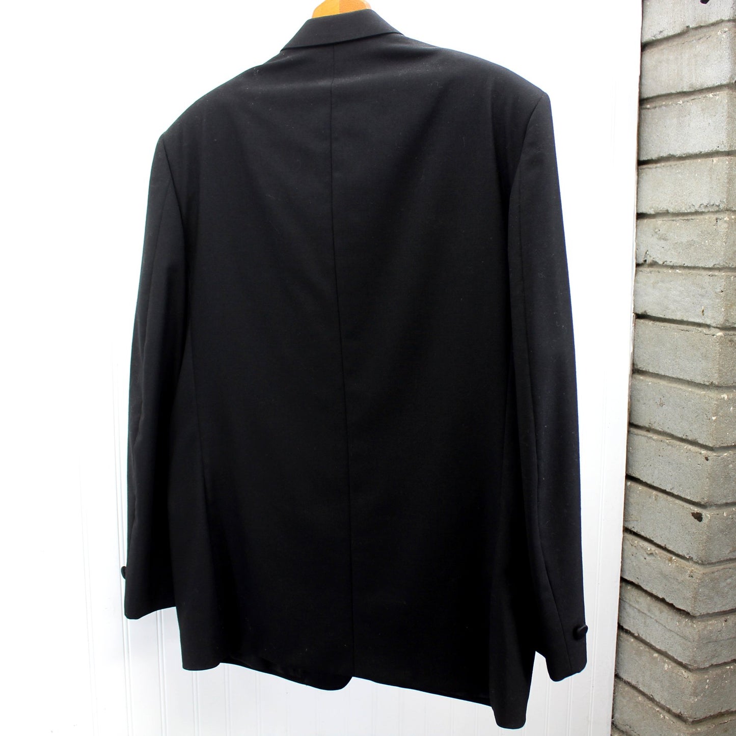 Perry Ellis Evening Suit Formal Men's Black Wool 3 Piece Satin Lapel Trim Print Vest 44R jacket back