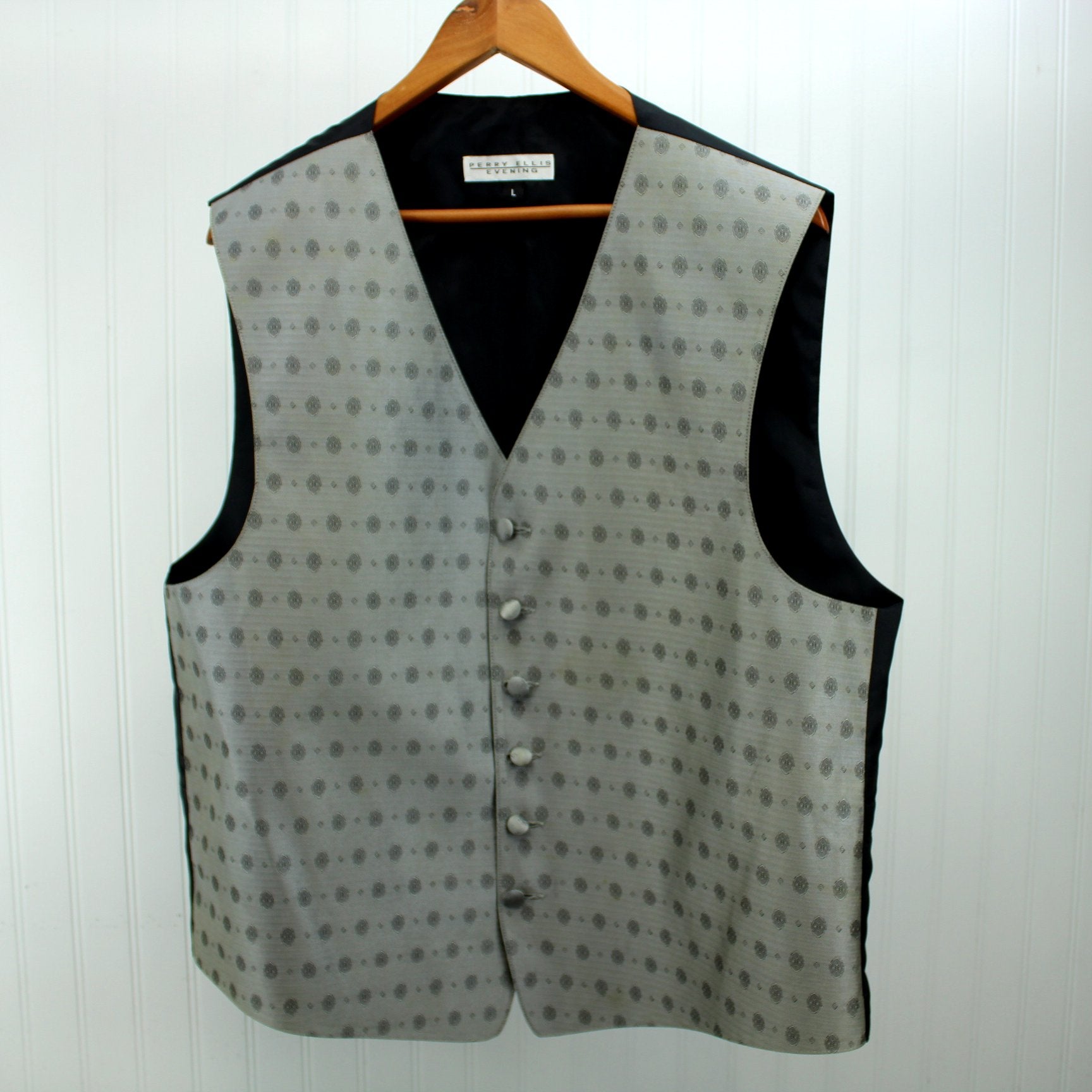Perry Ellis Evening Suit Formal Men's Black Wool 3 Piece Satin Lapel Trim Print Vest 44R vest