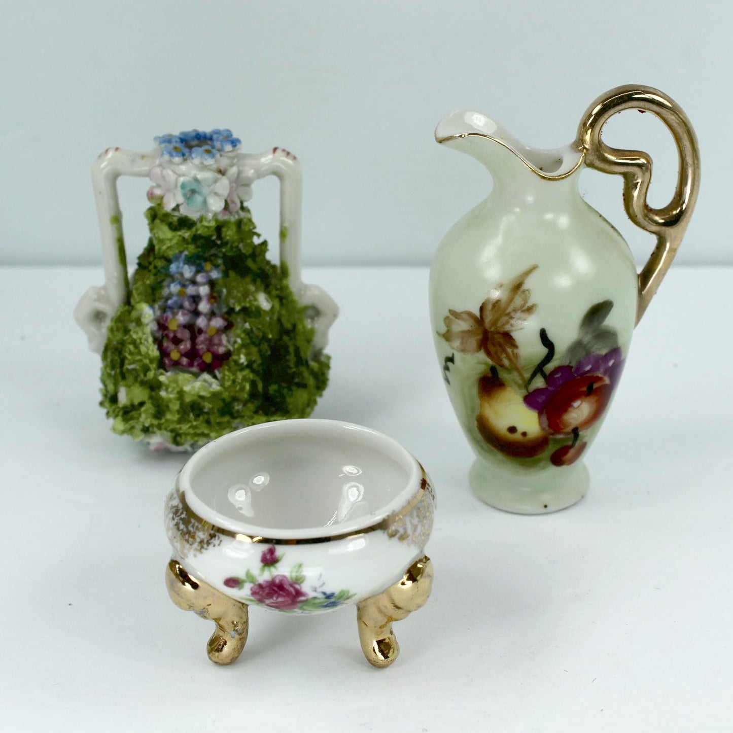 Collection 6 Miniature Vase Urn Pitcher Salt Mosser Slag Andrea Encrusted Vase closeup encrusted