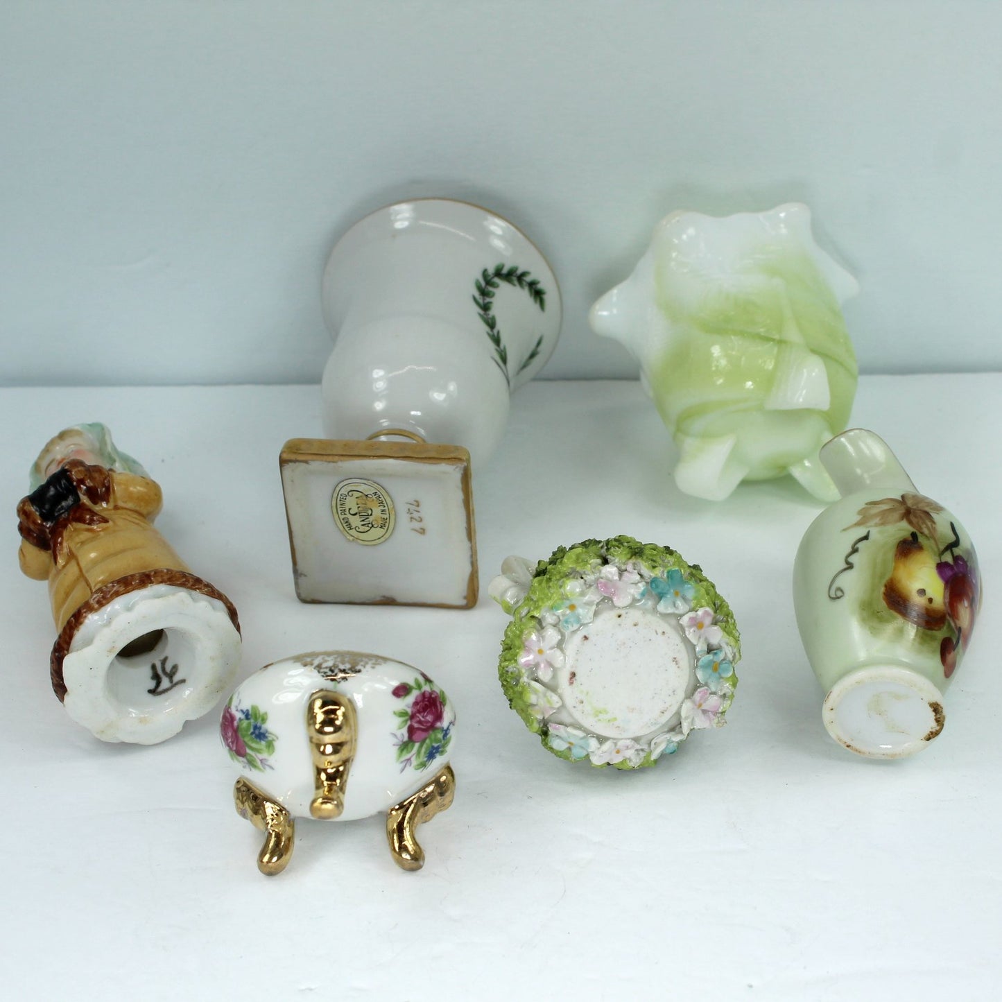 Collection 6 Miniature Vase Urn Pitcher Salt Mosser Slag Andrea Encrusted Vase bottom view all pieces