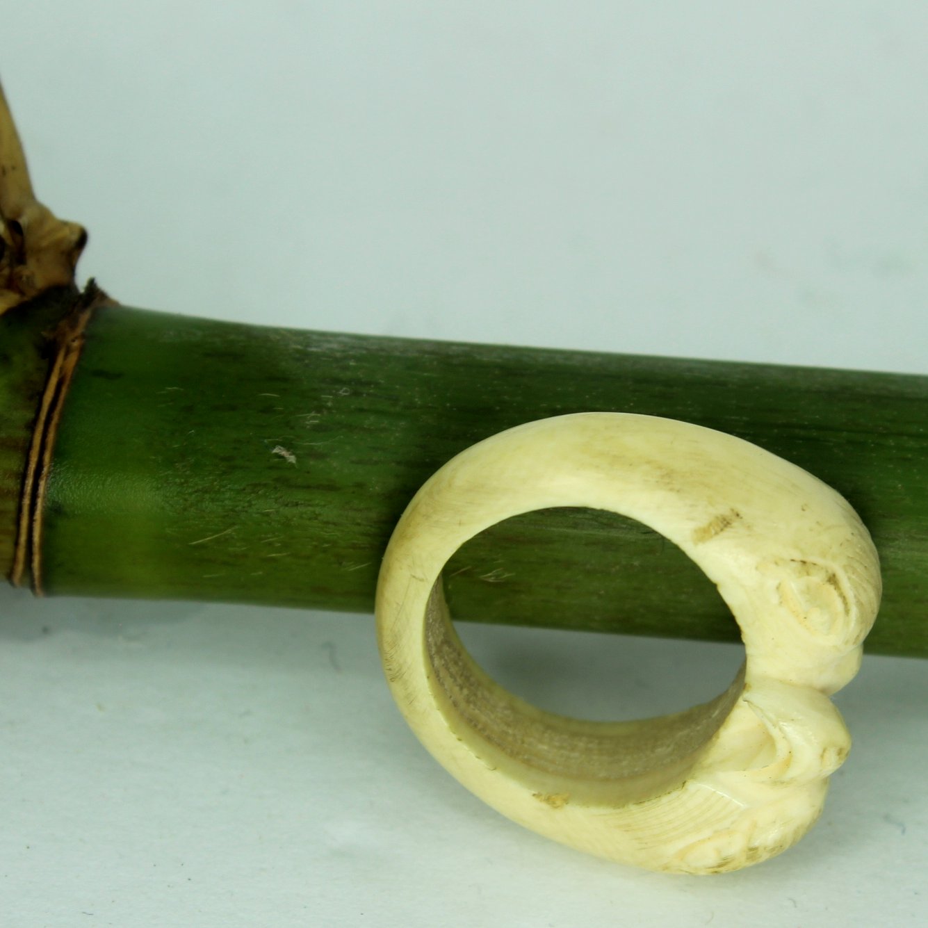 Unique Tribal Bone Ivory Ring Carved Dolphin Eagle Bird Vintage Estate ring side full view