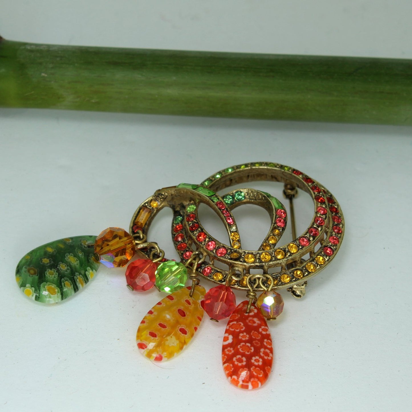 Sweet Romance Ornate Millefiore Crystal Pin Citrus Colors orange gold green lime