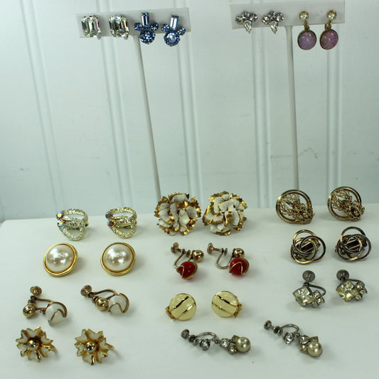 Collection 15 Pairs Earrings Screw Clip Unmarked Above Avg Quality RS Dangle Filigree