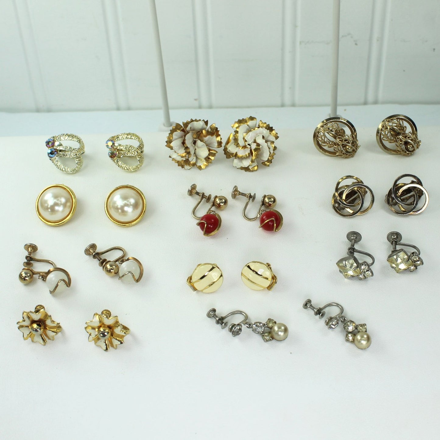 Collection 15 Pairs Earrings Screw Clip Unmarked Above Avg Quality RS Dangle Filigree view of some pairs