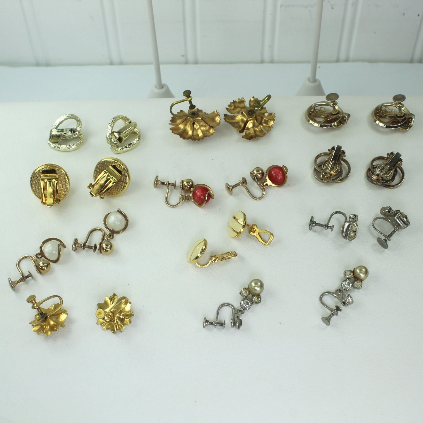 Collection 15 Pairs Earrings Screw Clip Unmarked Above Avg Quality RS Dangle Filigree reverse view some pairs