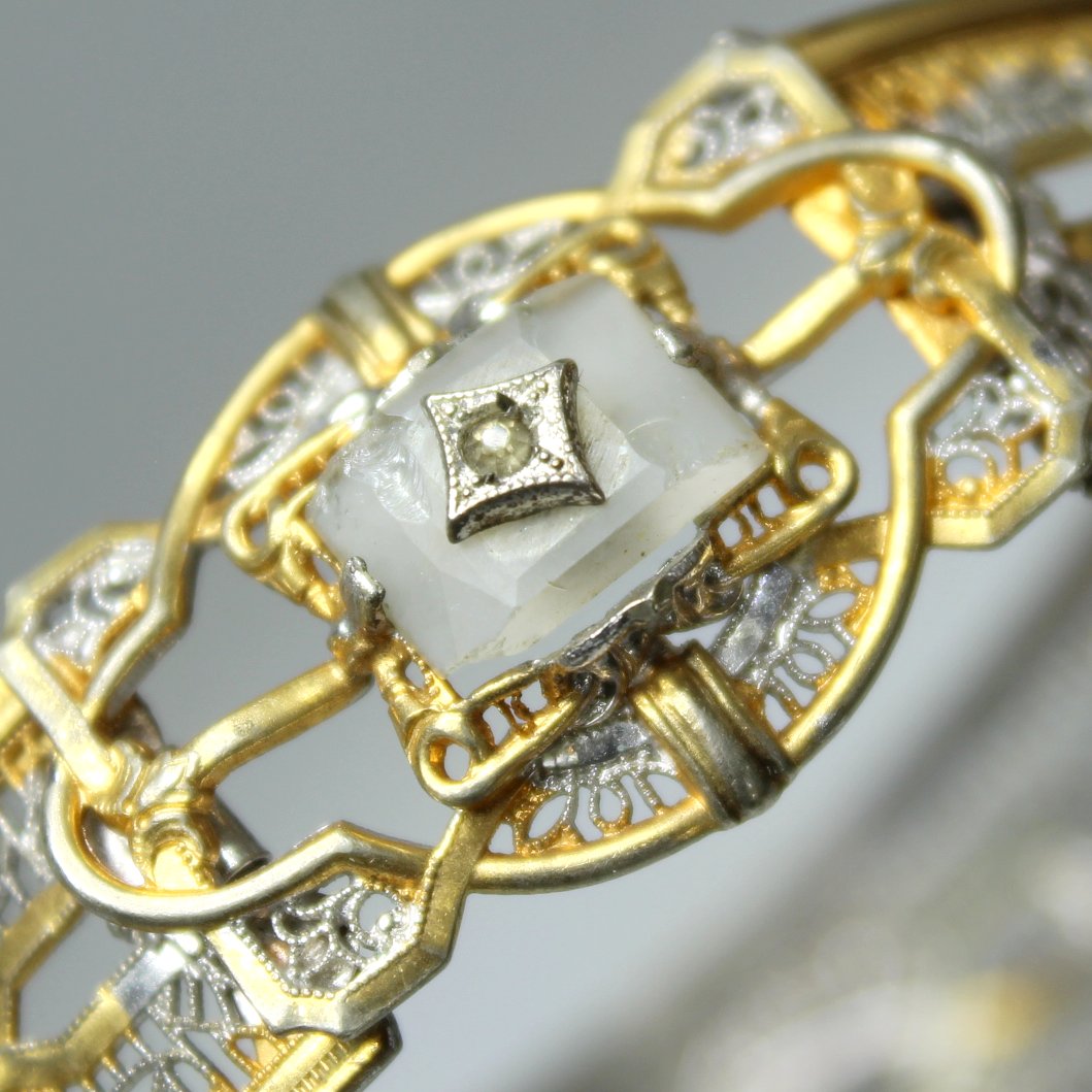 Filigree Bracelet Camphor Glass 1930s Art Deco JJ White Patent Mark Discounted chips view