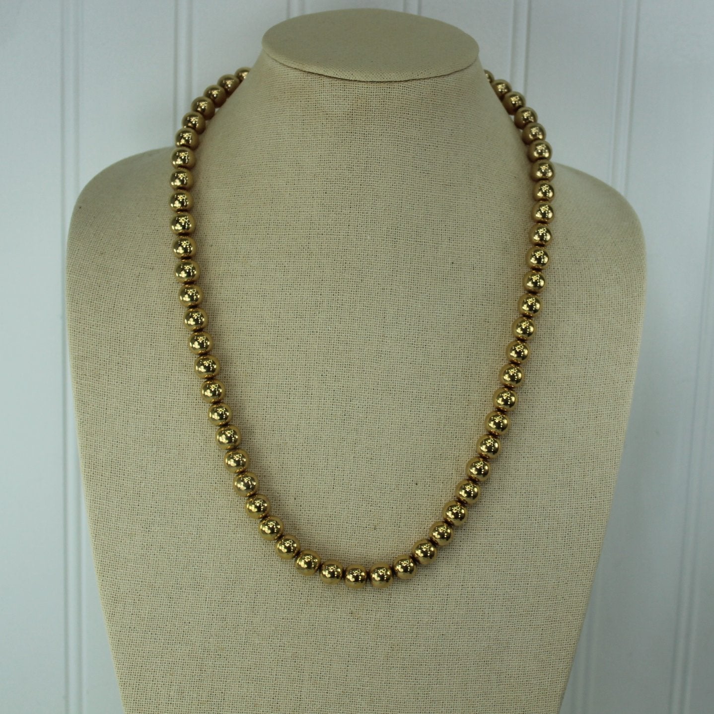 Metal Bead Necklace Gold Tone Chain Strung Vintage 24" 9MM