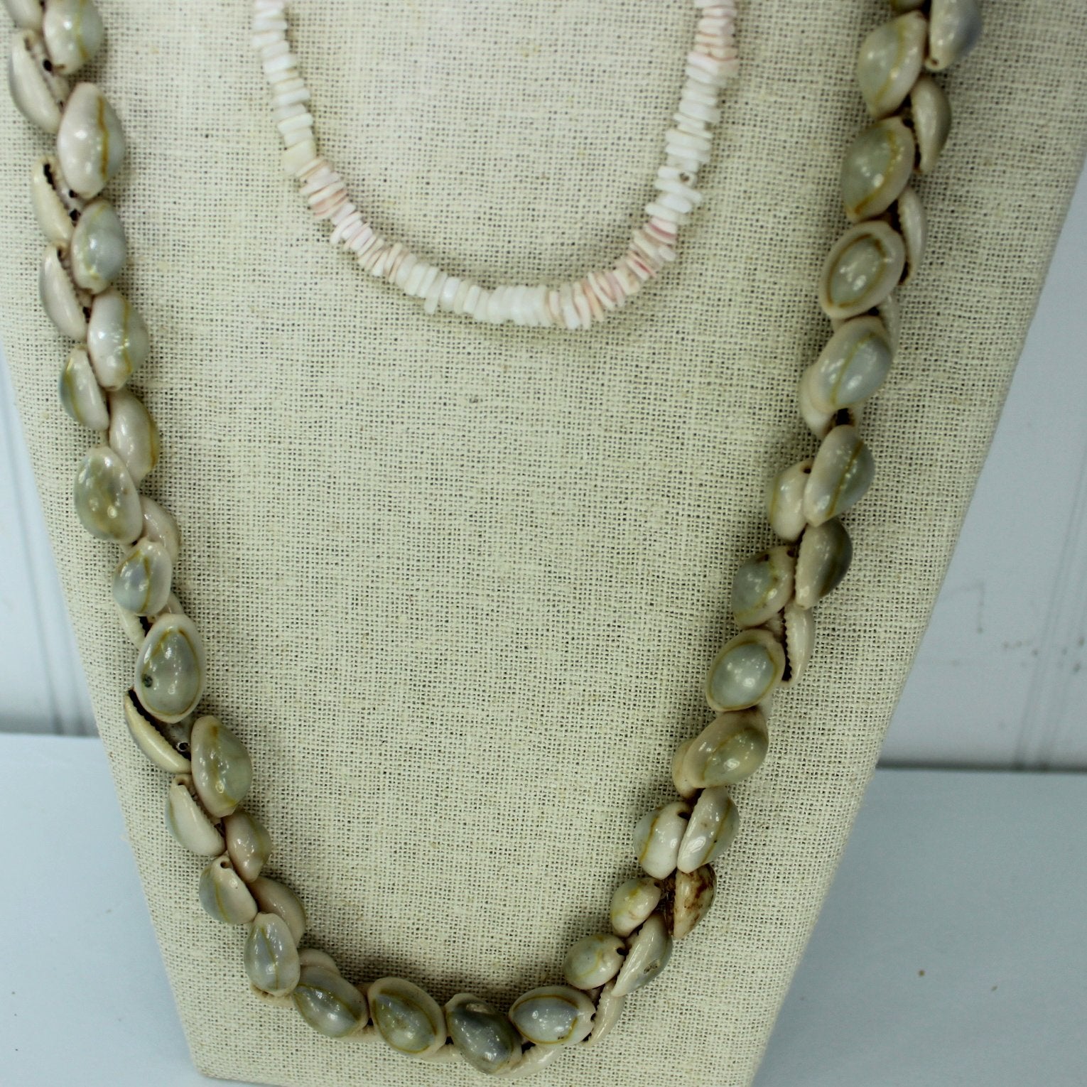 Collection 4 Shell Necklaces Vintage Puka MOP Cut Shell Wear DIY Craft closeup puk cut shell