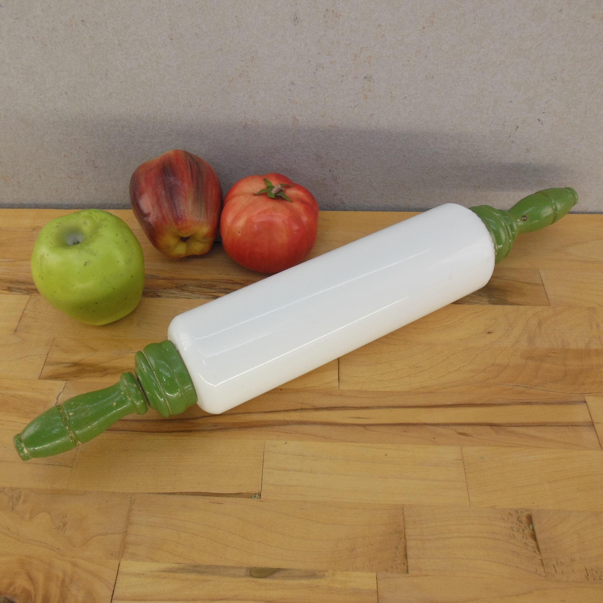 Imperial Mfg. Co. USA Milk Glass Rolling Pin Green Handles Farm House