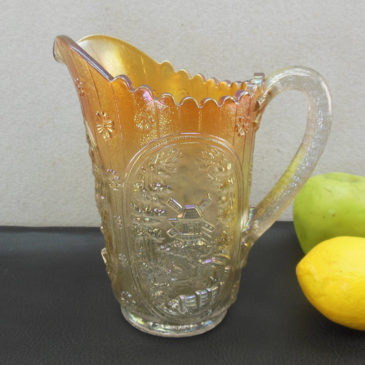 Imperial Marigold/Clear Windmill Carnival Glass Pitcher 8" Antique