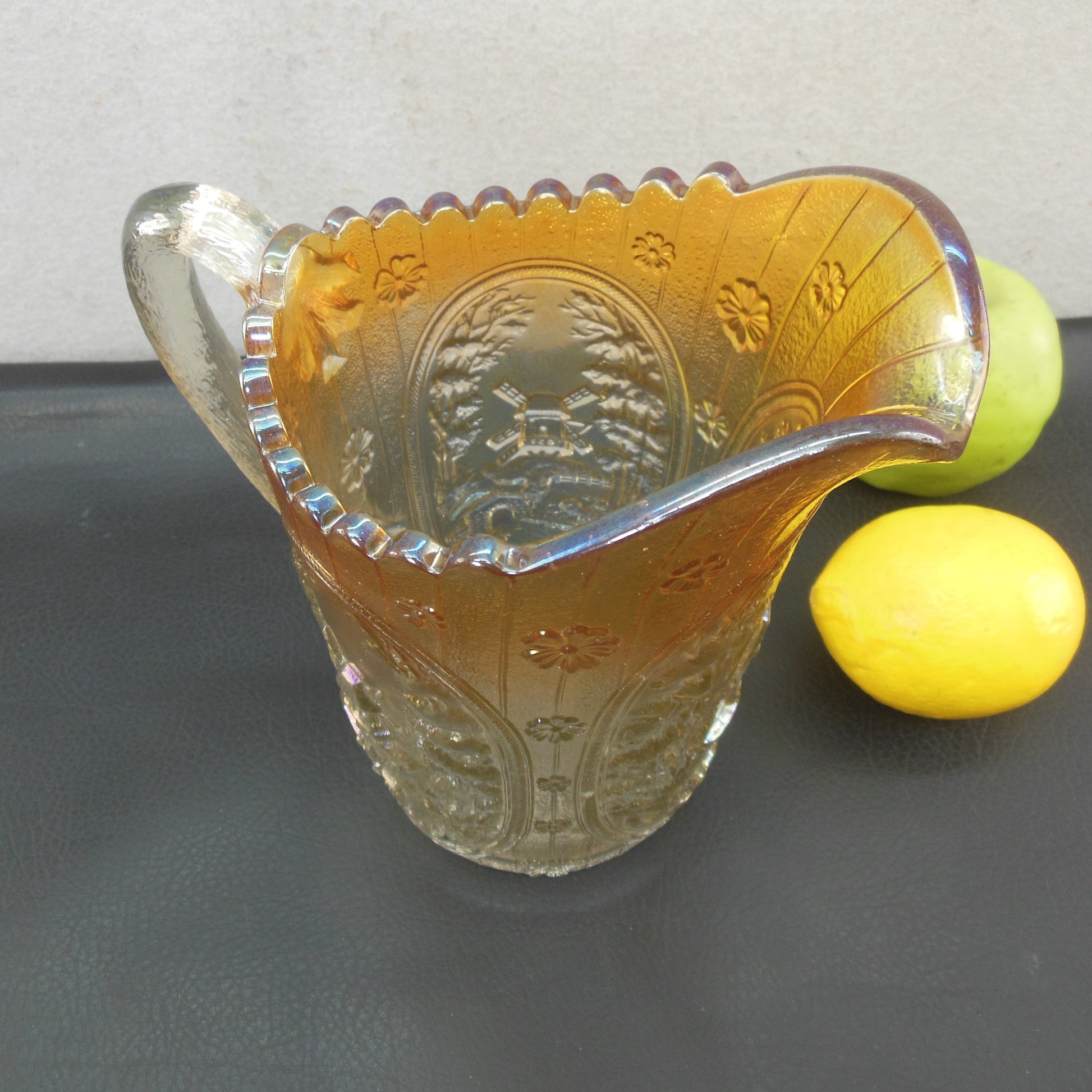 Imperial Marigold/Clear Windmill Carnival Glass Pitcher 8" Vintage Sawtooth Rim
