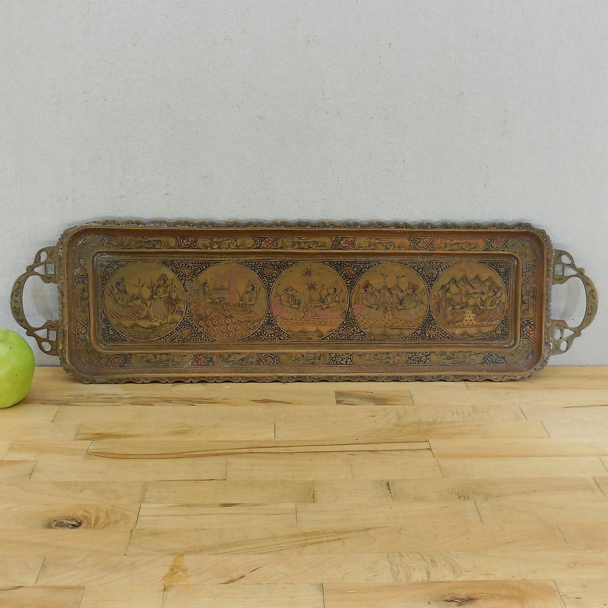 Vtg. Indo-Persian Long Brass Serving Tray Woman Man Deer Masks