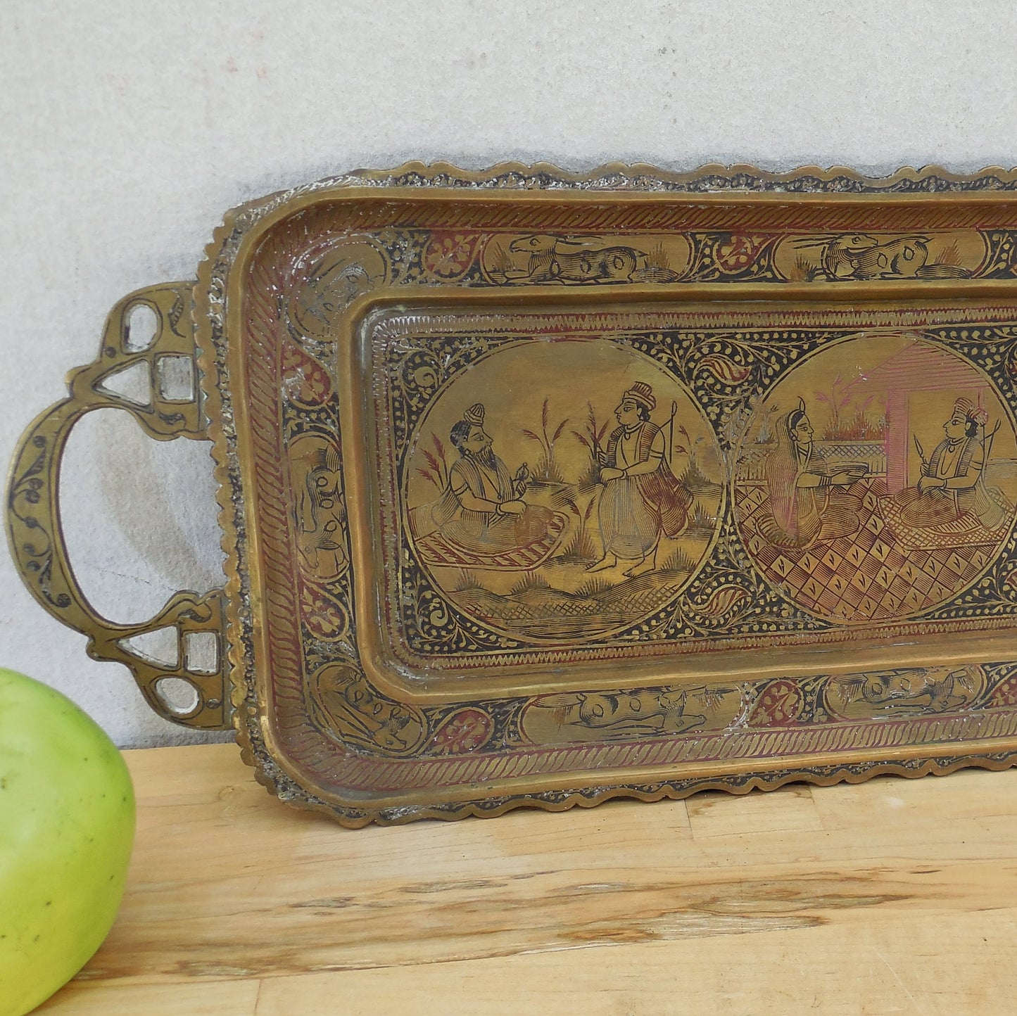 Vtg. Indo-Persian Long Brass Serving Tray Woman Man Deer Masks Guru